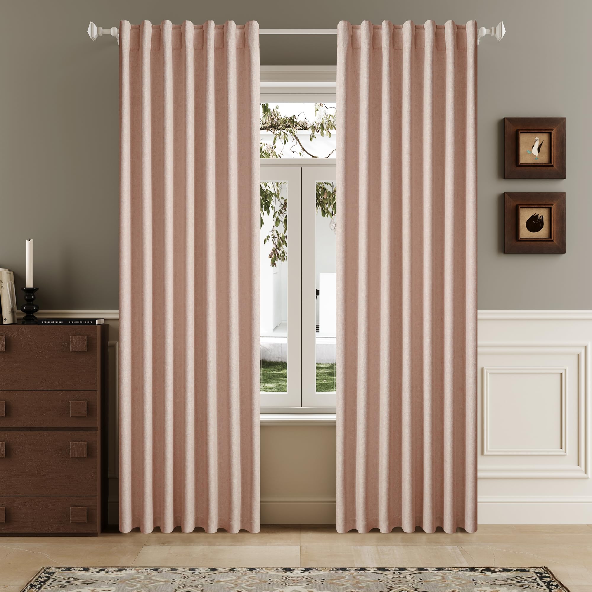 DUALIFE 90 Inch Blackout Baby Pink Curtains Boho, Thermal Insulated Curtains for Summer Heat for Bedroom Living Room Linen Pleated Drapes 90 Inches Long Rod Pocket(50W x 90L x 2 Panels)