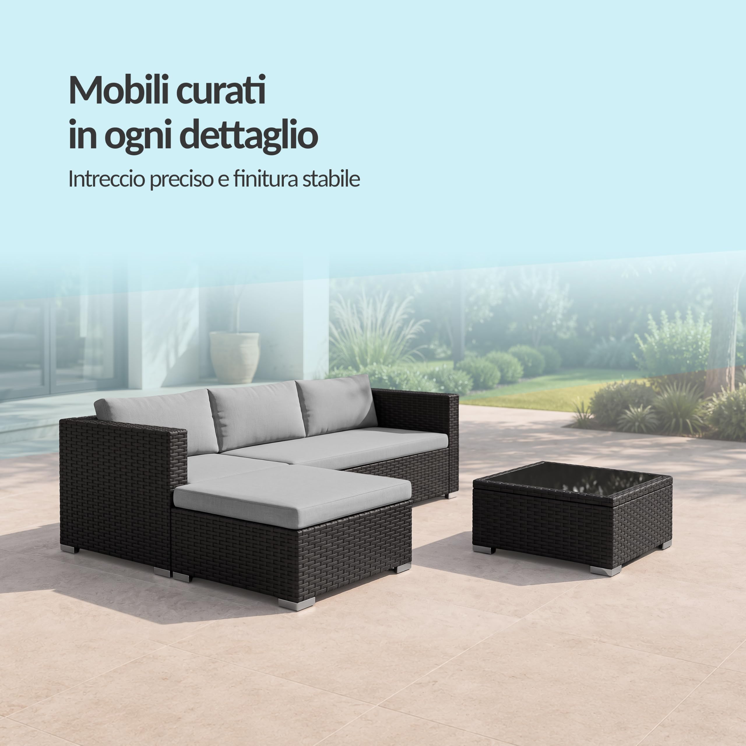 POKAR Set Giardino Angolare Nero con Cuscini Seduta e Schienale Beige