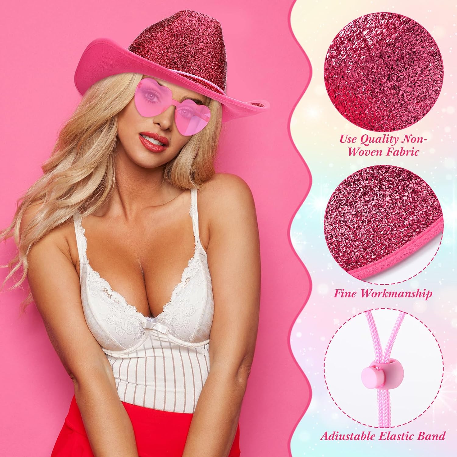 Geyoga 9 Pcs Adult Cowboy Hat with Paisley Bandanas and Heart Shape Sunglasses for Western Cowgirl Party Costume - Image 6