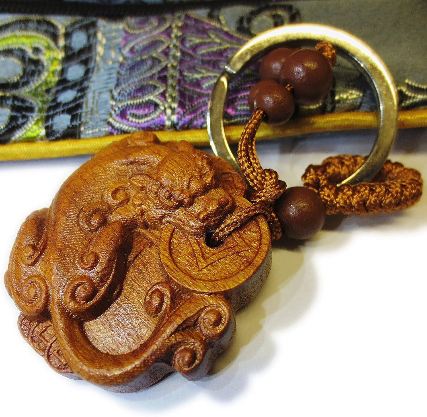 Pixiu Dragon Keychain with Silk Pouch, Carved from African Padauk wood, Pi Yao Wealth & Luck Guardian Feng Shui Key Ring