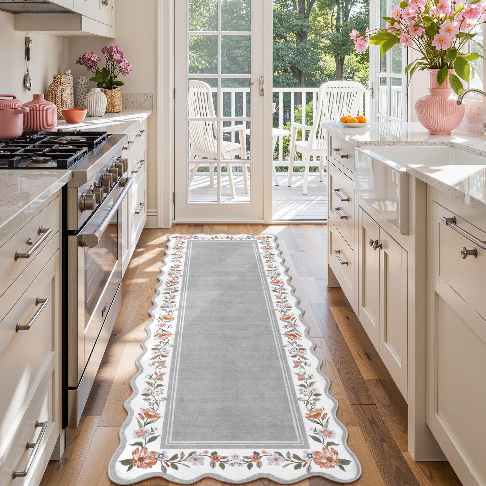 Lahome Runners for Hallways Non Slip Washable Runner Rug,Scalloped Kitchen Runners Rug with Non Slip Backing,Low Pile Soft Boho Floral Runner for Hallway, Entryway, Laundry, Bedroom 2' x 6'