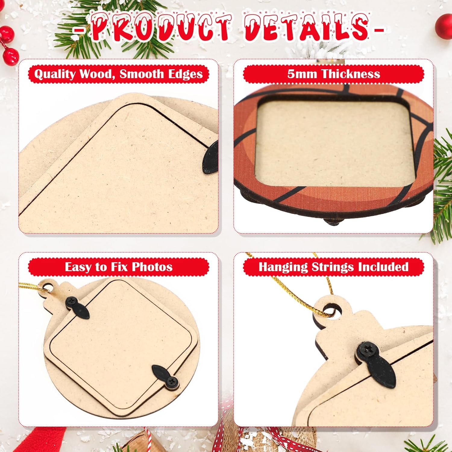 12 Pcs Basketball Sports Ornaments for Christmas Tree Decorations Wooden Christmas Picture Frames Xmas Photo Ornament Gifts for Sports Player Team Keepsake Party Favors - Image 3