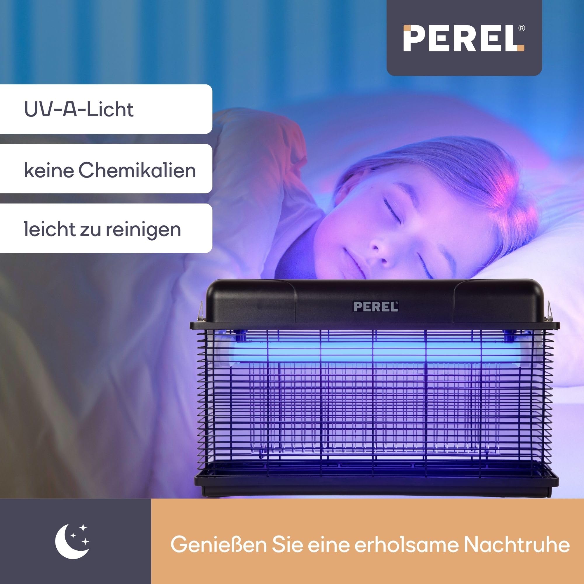 Perel Elektrischer LED UV Insektenvernichter, 3000V Hochspannungsgitter, IPX4 spritzwassergeschützt, abnehmbare Auffangschale, 100 m² Abdeckung, leistungsstark für Innen und Außen