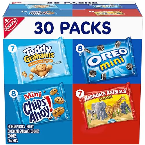 Nabisco Team Favorites Variety Pack, OREO Mini, CHIPS AHOY! Mini, Teddy Grahams Honey & Barnum's Animal Crackers, School Snacks, 30 Snack Packs - 1 Ounce (Pack of 30)