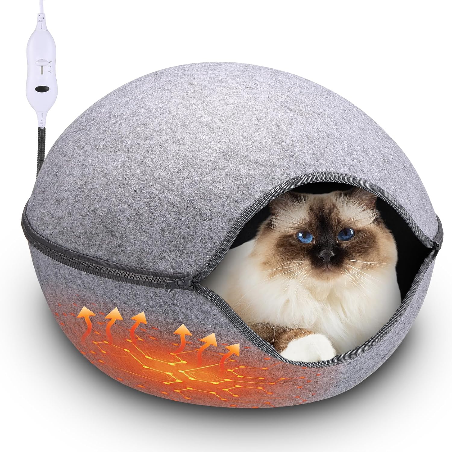 Heated Cat Bed, Indoor Heated Cat Cave, Warmer Thermal Pet Bed with Removable Waterproof Heater for Kitty Small Dogs Gray (18.1 x 15 x 9.8 Inches)
