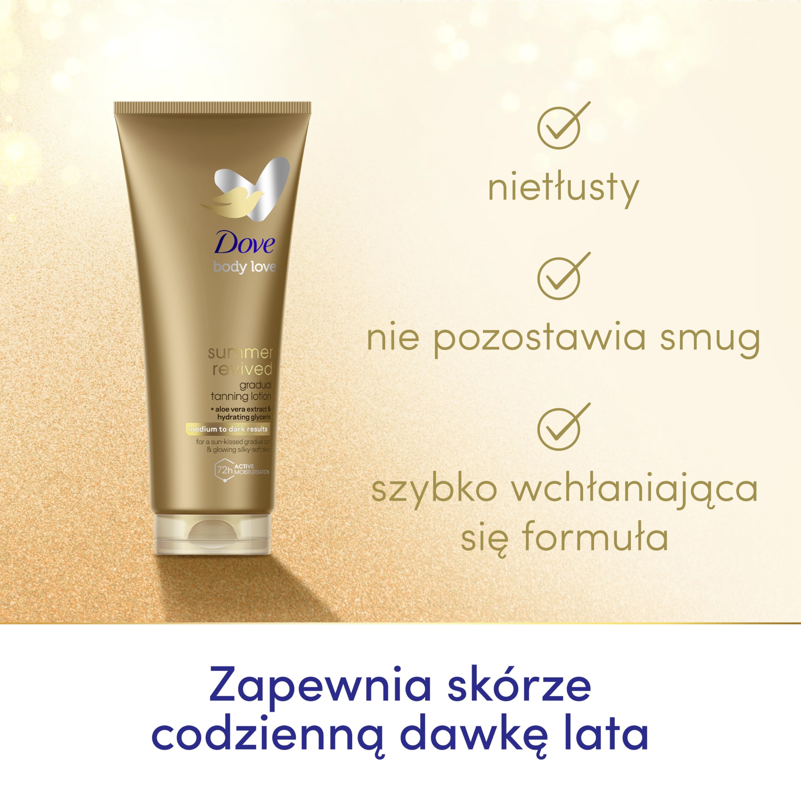 Balsam do ciała Dove Summer Revived Gradual Tanning Medium to Dark z aloesem i gliceryną nadający stopniową opaleniznę i efekt jedwabiście miękkiej skóry muśniętej słońcem 200 ml 2 sztuki