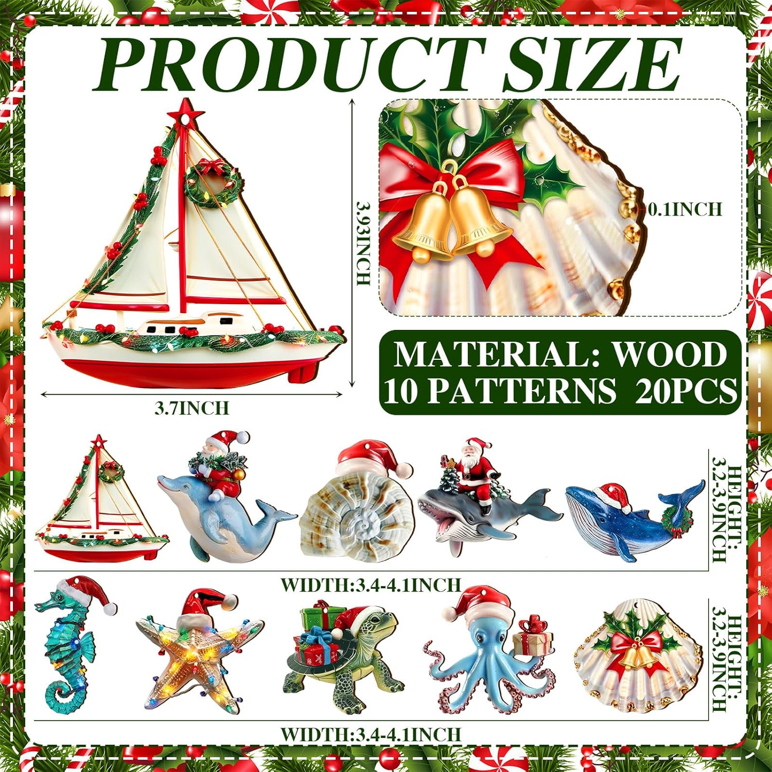20 Pcs Sea Animal Coastal Christmas Ornament with Santa Hat Flat Wooden Beach Cutouts Sea Creature Tree Ornaments with Rope Seahorse Turtle Octopus Hanging Tree Decor for Holiday Xmas - Image 2