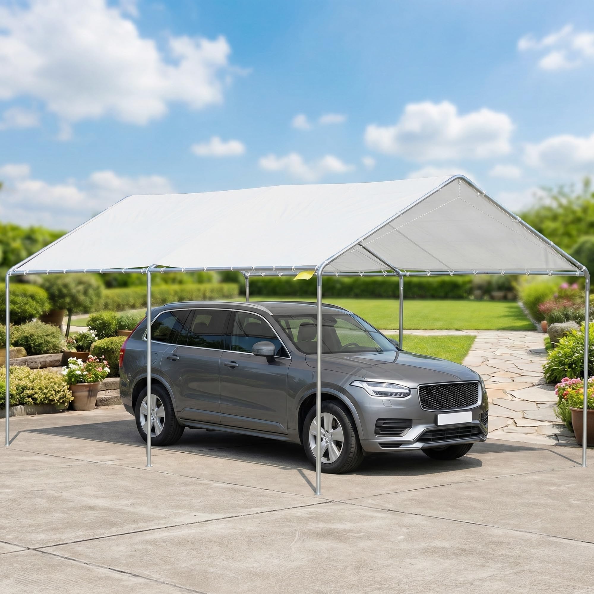 Outsunny Gazebo Copertura per Auto 6x3m Acciaio Zincato Bianco