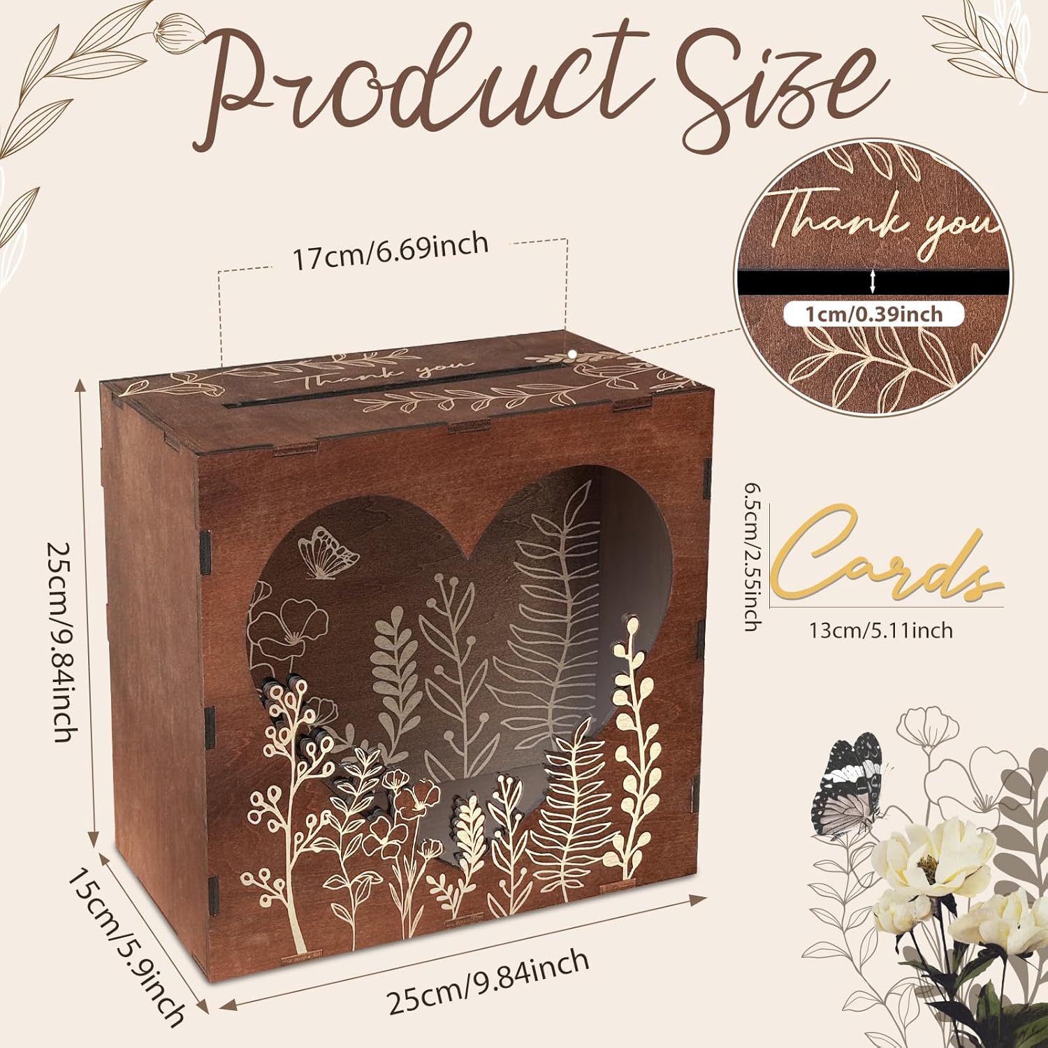 OurWarm Brown Wedding Card Box for Reception with Heart Acrylic Window, Wooden Gift Card Box for Wedding with Flower Pattern, Vintage Card Box for Graduation Birthday Party Anniversary Baby Shower Brown Heart Window image 3 of 7 B0DM8X2T9M