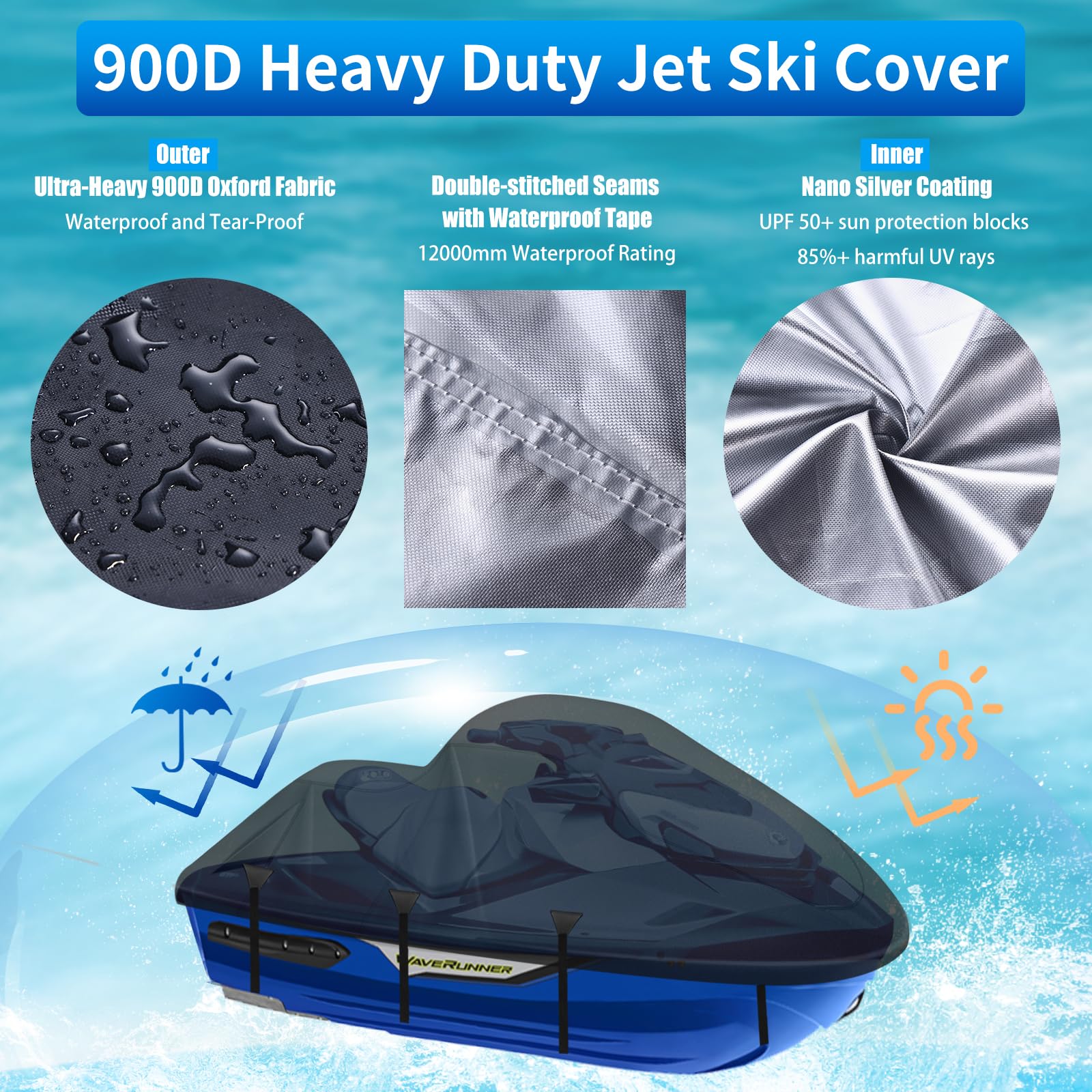 Funda Moto Acuática 3 Plazas 900D Resistente Impermeable, 2 Orificios Ventilación, Hebillas Antiviento, Universal Todo Clima, 345-370CM Negro