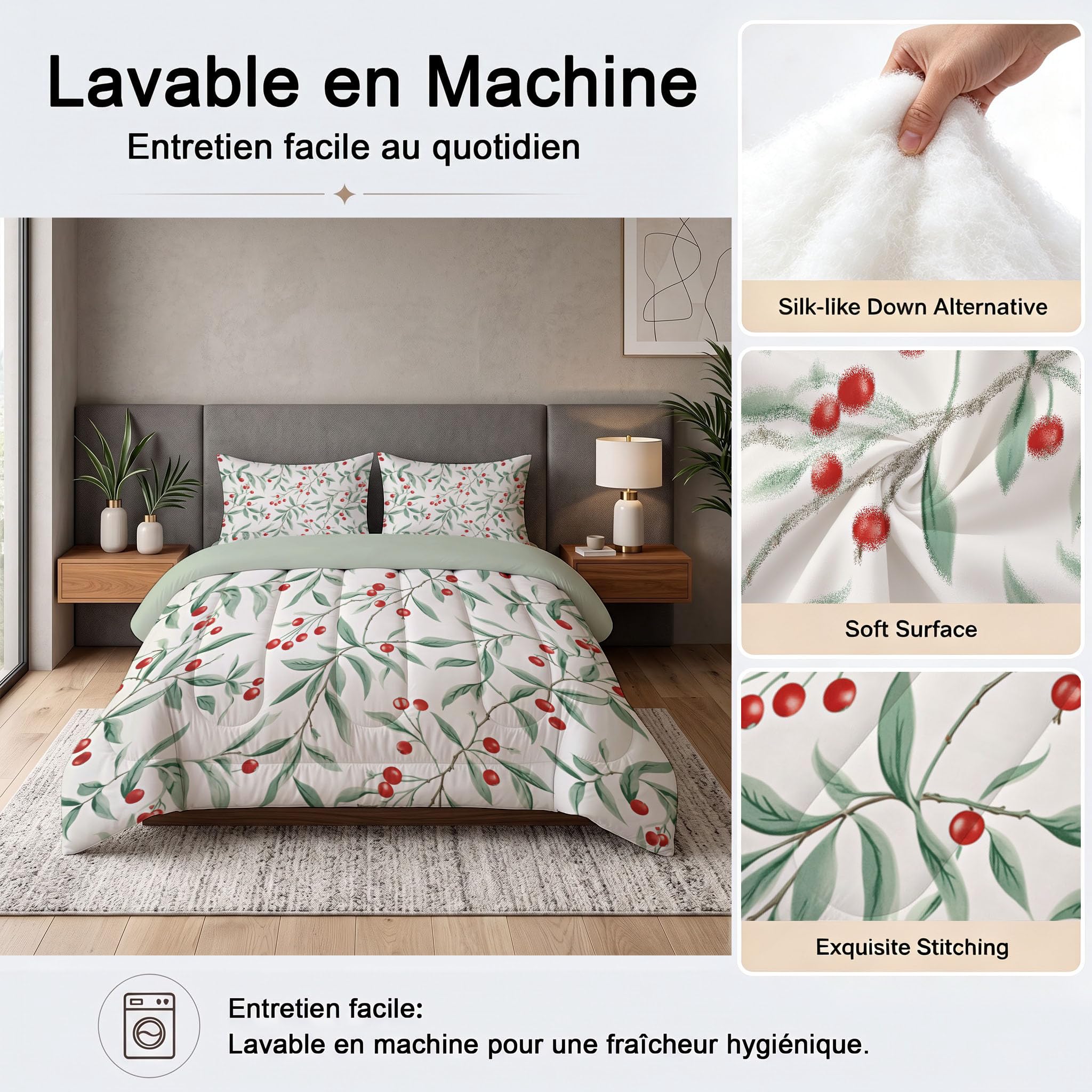 Couette Style campagnard Style Ferme 2pc Fille Tempérée pour lit 1 Personne-100% Microfibre -Enfant 4 Saisons et 240x260cm + 1 Taie d'oreiller 65x65 cm -Plantez des Baies et des Branches