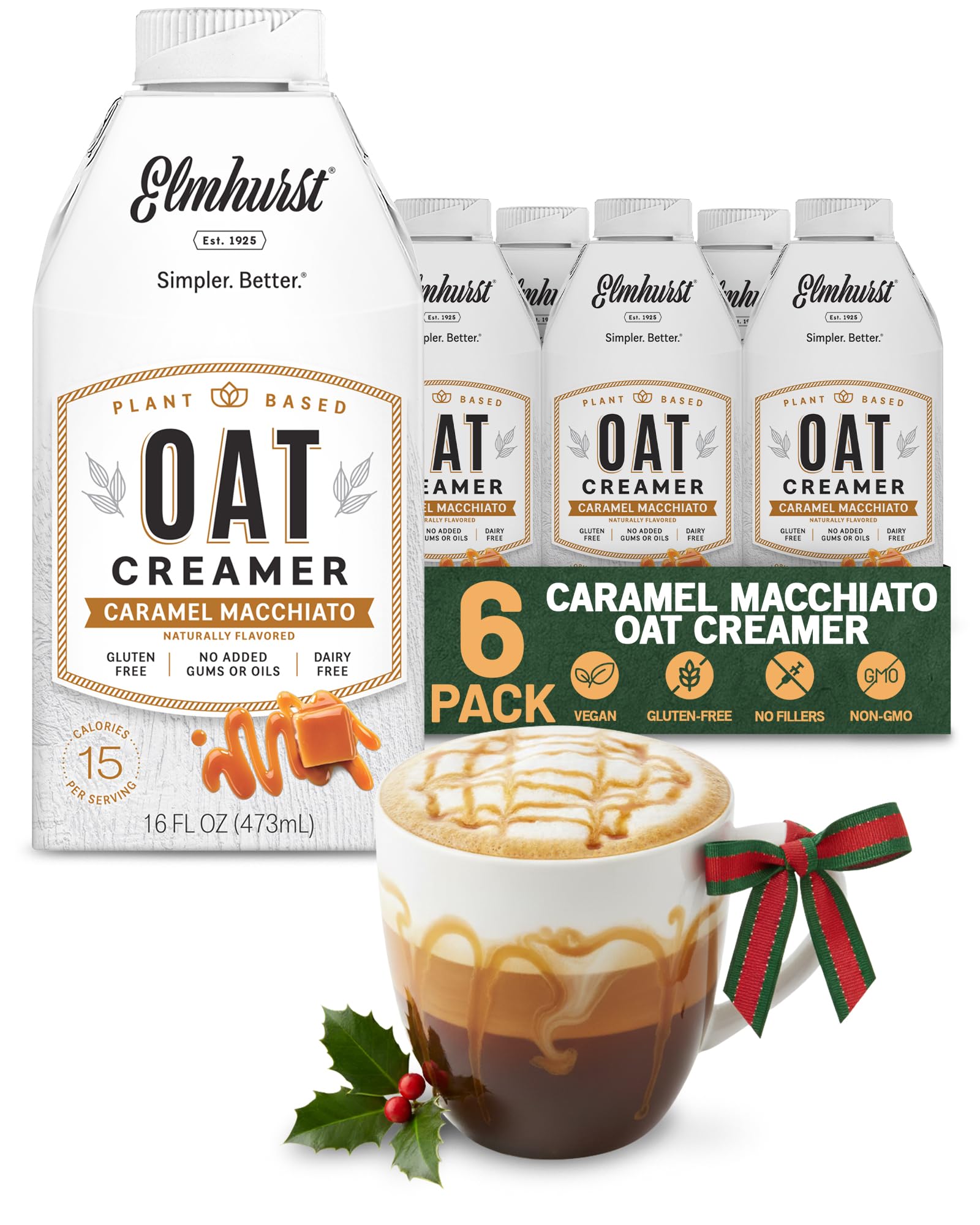 Elmhurst 1925 Caramel Macchiato Oat Creamer - 16 Ounce (Pack of 6) Dairy-Free, Vegan, Kosher, Low Sugar, Shelf Stable Creamer Made with Oat Grains & Caramel for Simpler Plant Based Alternatives
