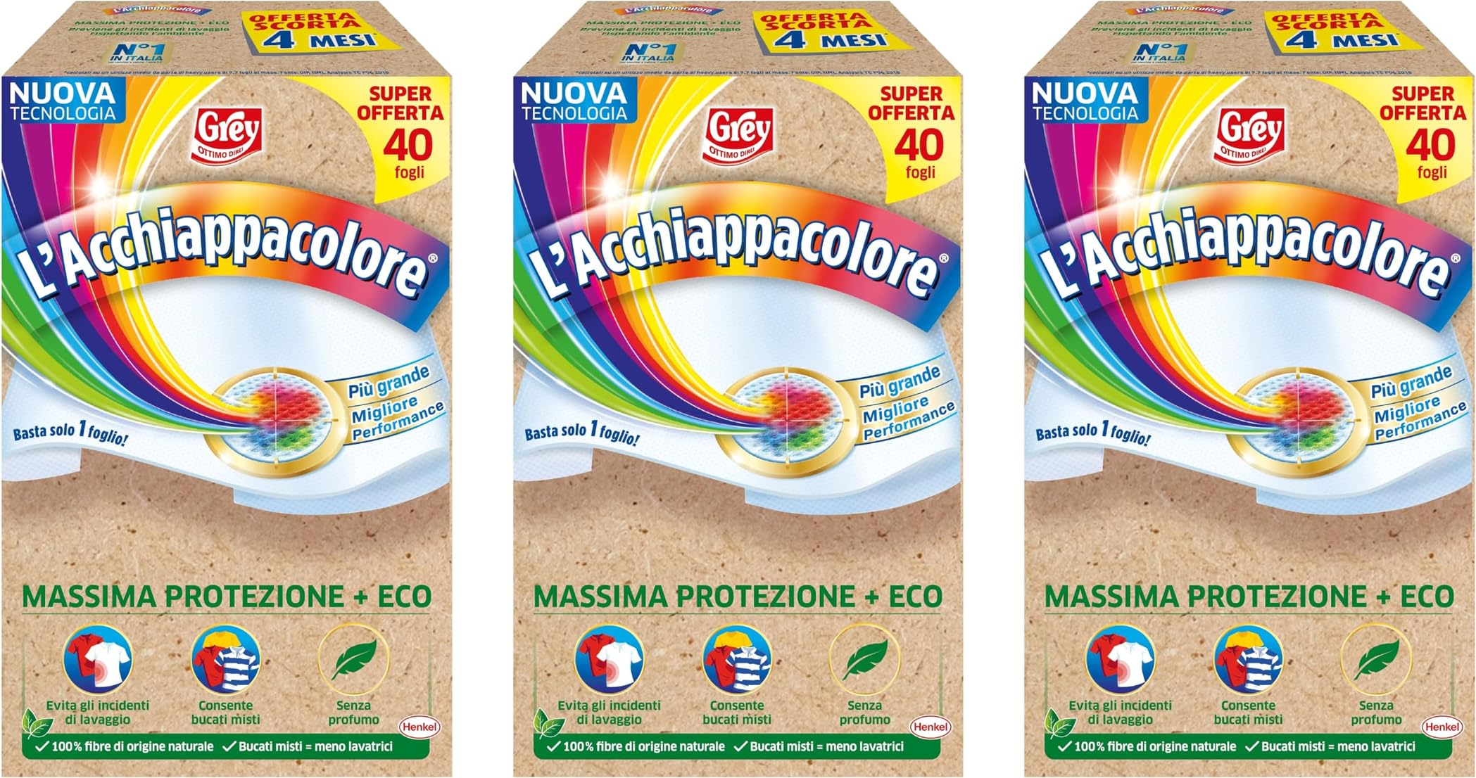 Grey L'Acchiappacolore Azione Completa+ ECO, Fogli Cattura Colore Lavatrice Evita Incidenti Lavaggio, Foglietti Acchiappacolore e Anti-Sporco, 3 Confezioni da 40 Fogli