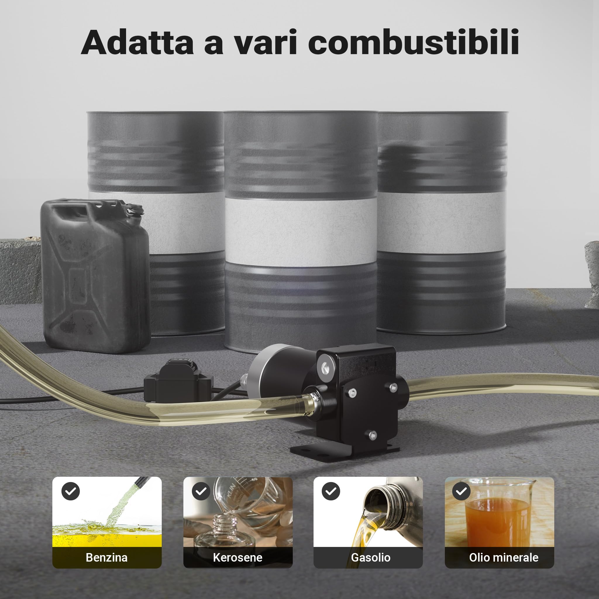 Wiltec Pompa travaso carburante 12 V 75 W, Pompa travaso gasolio/benzina, 14 l/min, 3200 giri/min, con accessori