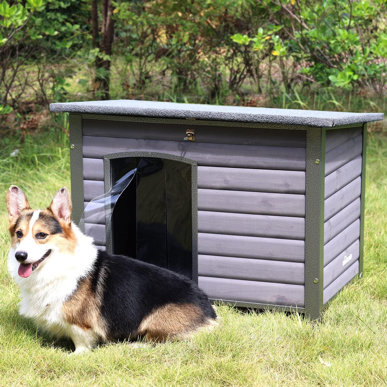 Akinerri Indoor Outdoor Dog House,Anti-Chewing Iron Frame Dog Kennel,Wood Warm Pets Home,Weatherproof Outside Shelter for Feral Animal 33.5" (L) X 22" (W) X 25.2" (H) Grey