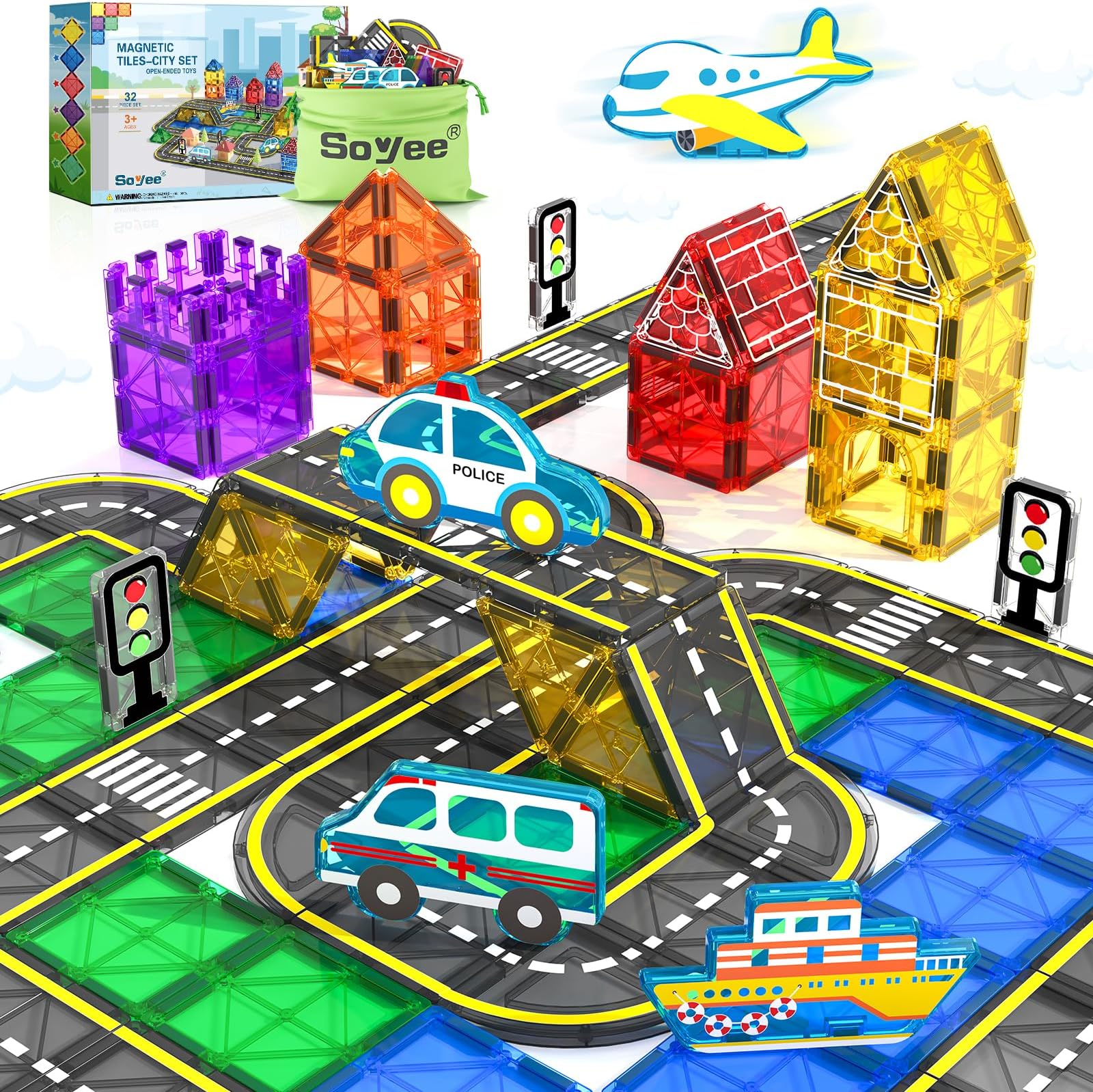 Soyee Magnetic Tiles Road Cars Set Magnetic Building Blocks Boys Toys Ages 3 4 5 6 7 8 Sensory Preschool Construction Toddler Toys Gifts for 3+ Year Old Boys Girls