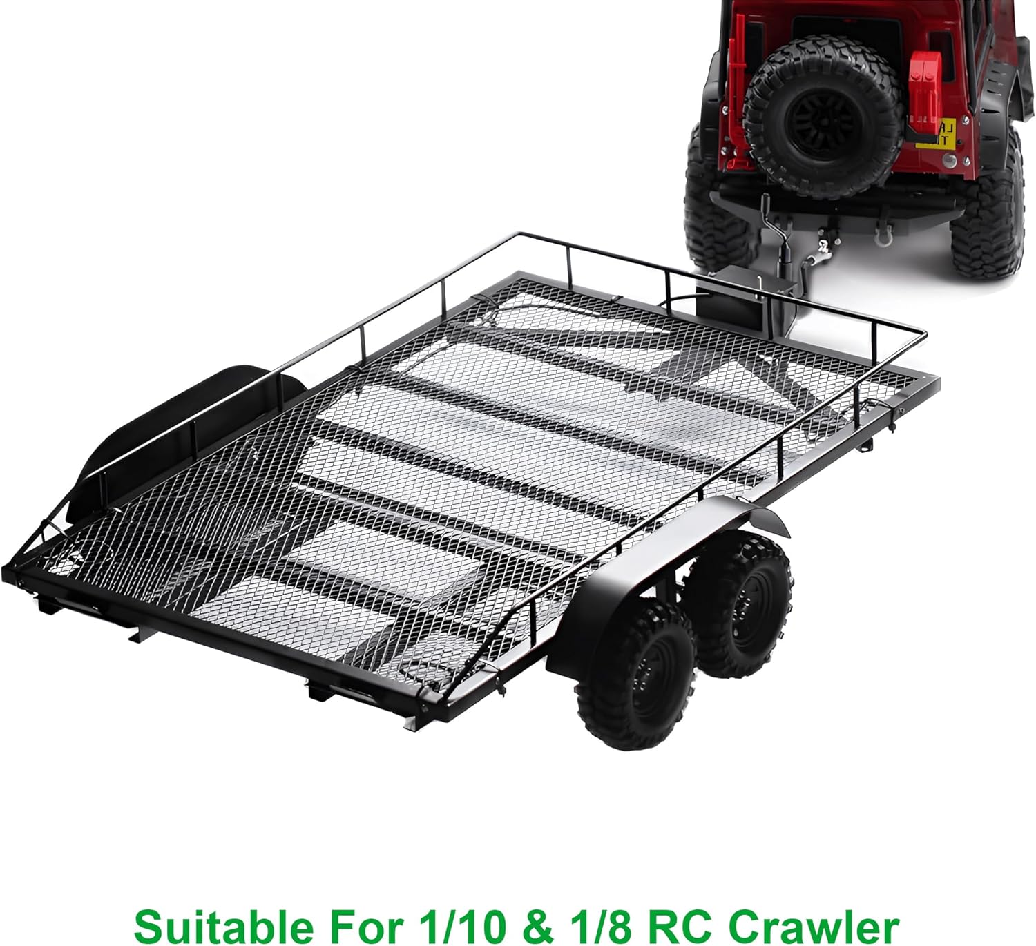 AMK RC Trailer Metal 1/8 1/10 RC Trailer with RC Trailer Hook Coupler and Kinetic Winch Strap for 1/8 1/10 RC Crawler SCX10 D90 Wrangler TRX6 Redcat GEN8 RGT 86100 SMT TRX4 Upgrades