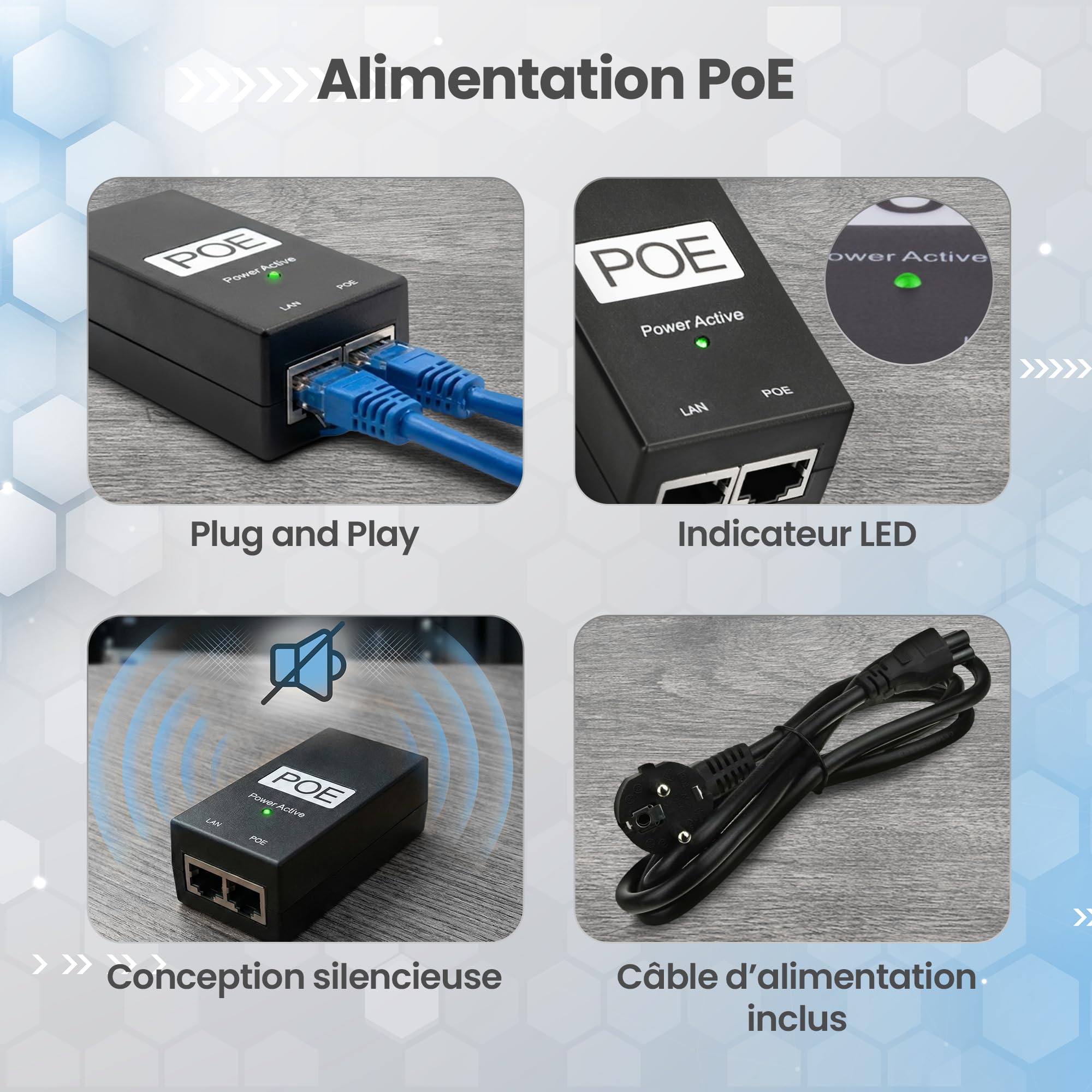 Extralink POE-24-24W G, PoE Injecteur, 24V, 1A, 24W, câble inclus, protection contre les courts-circuits et les surtensions, deux ports RJ-45, adaptateur PoE, PoE Injecteur, passif