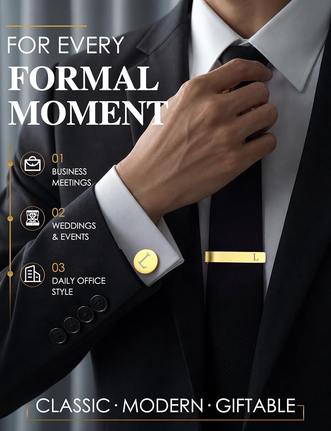 LOYALLOOK Initial Tie Clip and Cufflinks for Men image 3