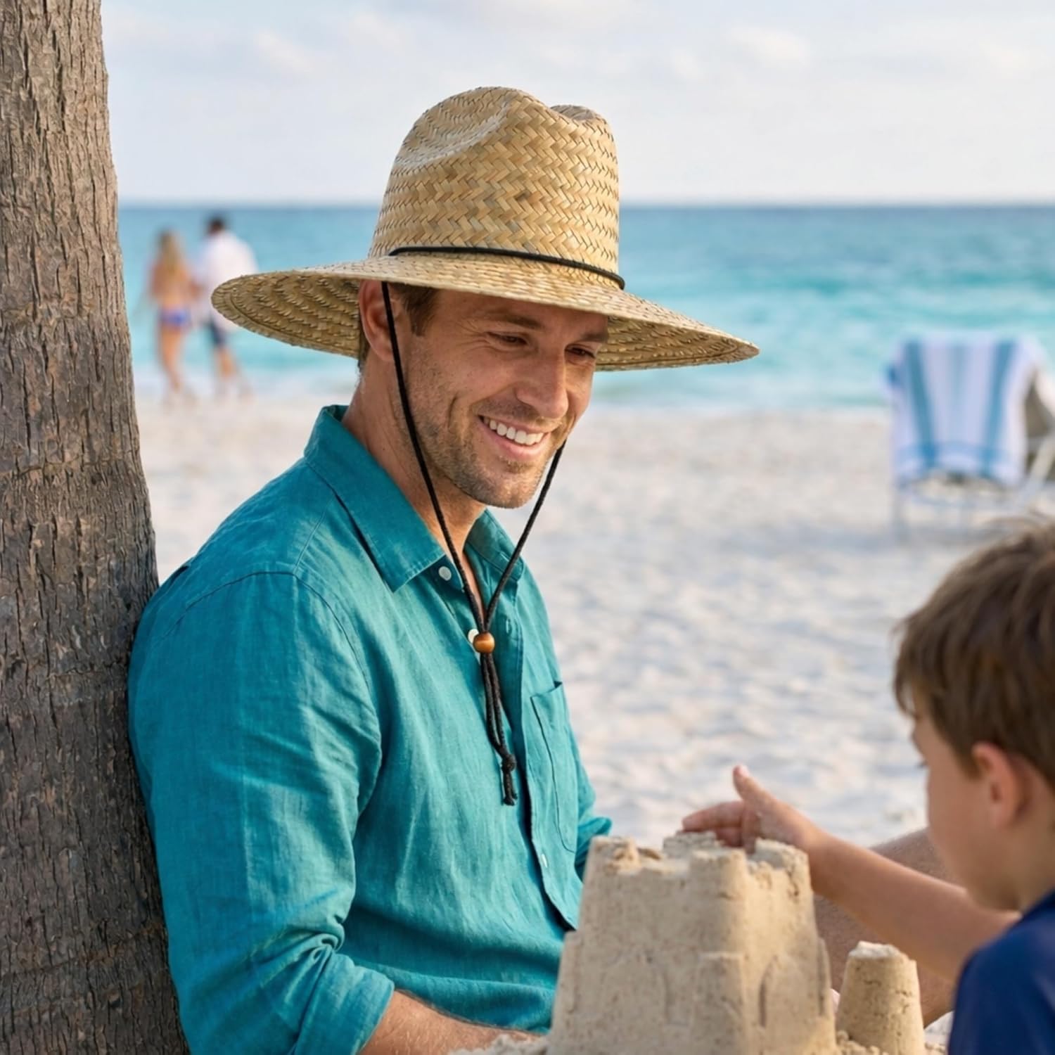 6 Pack Straw Hats for Men - Bulk Wide Brim Straw Lifeguard Hats, Natural Seagrass Sun Hat Set