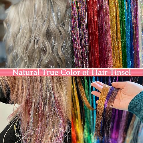 Miniatura 5 de Kit de oropel para el cabello, extensiones de cabello de oropel con herramientas, 48 pulgadas, resistente al calor, seguro, 3500 hebras, kit de