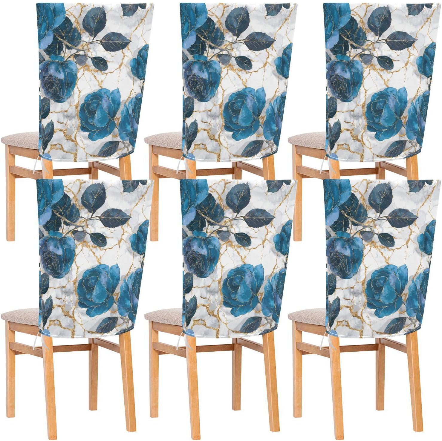 ALAZA Blue Roses Flowers Marble Chair Back Cover Set of 6, Washable Reusable Removable Chair Slipcovers Decorative Chair Cover for Home Kitchen Wedding Party