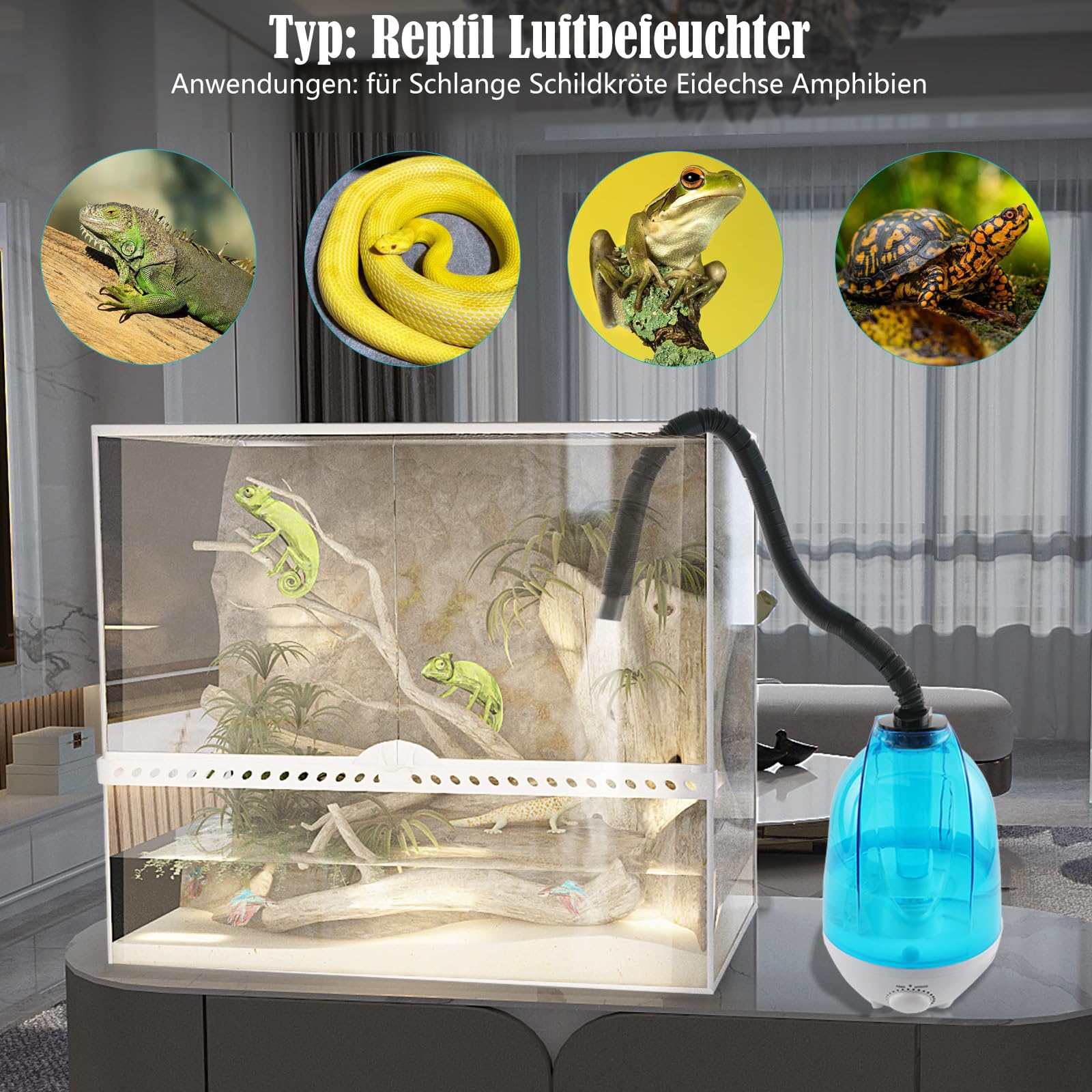 ECUTEE Reptielen Luchtbevochtiger Terrarium, 4L Reptielen Luchtbevochtiger Nevelmachine 300mL/u Hoog Volume Nevelmachine Terrarium Nevel Verstuiver, Bevochtiging Klim Huisdier Box voor Vivarium