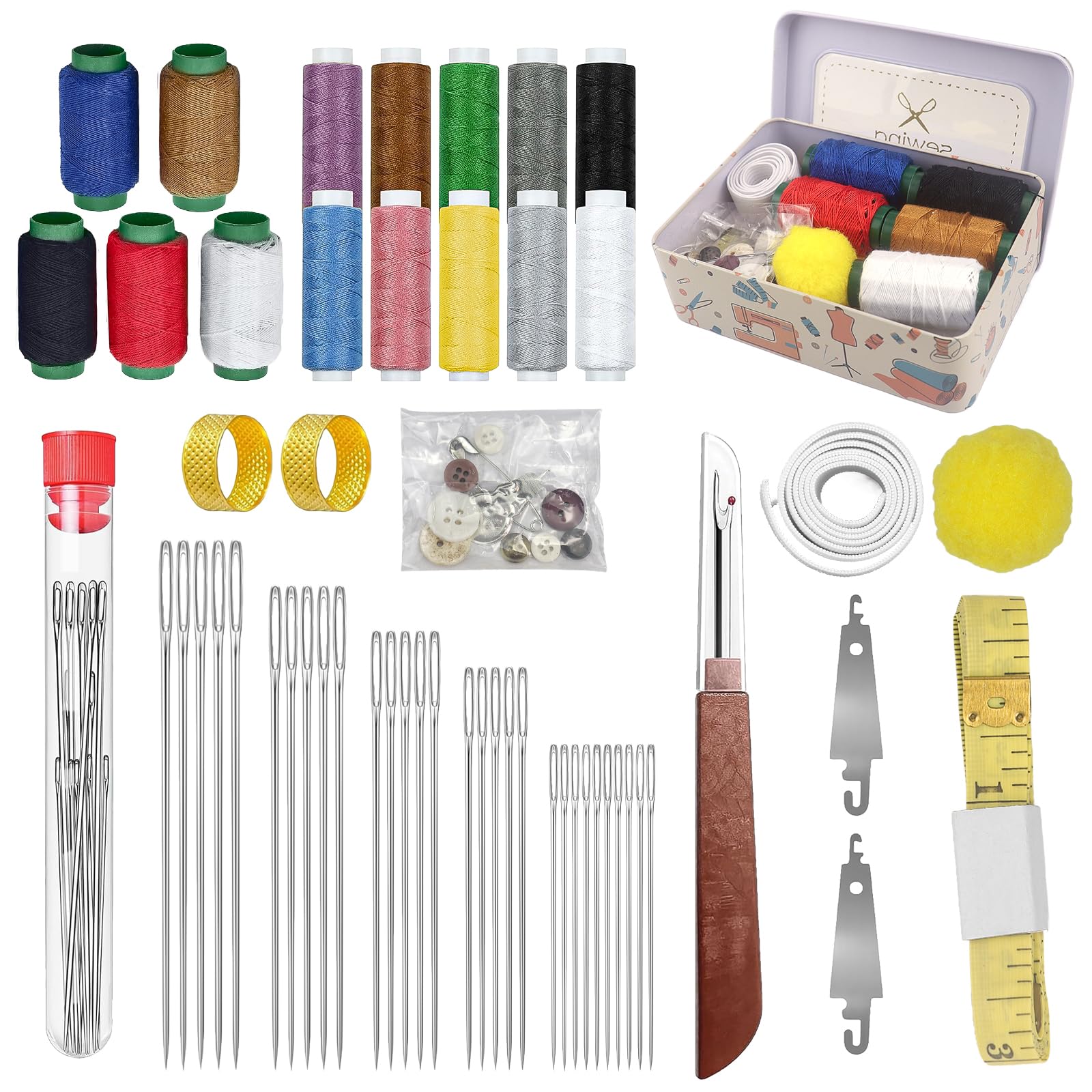 62Pcs Steel Needles for Hand Sewing, Big Eye Steel Sewing Needles Kit with Case, Portable DIY Craft Kits for Adults, Beginner, Emergency,Home,Travel (Yellow)