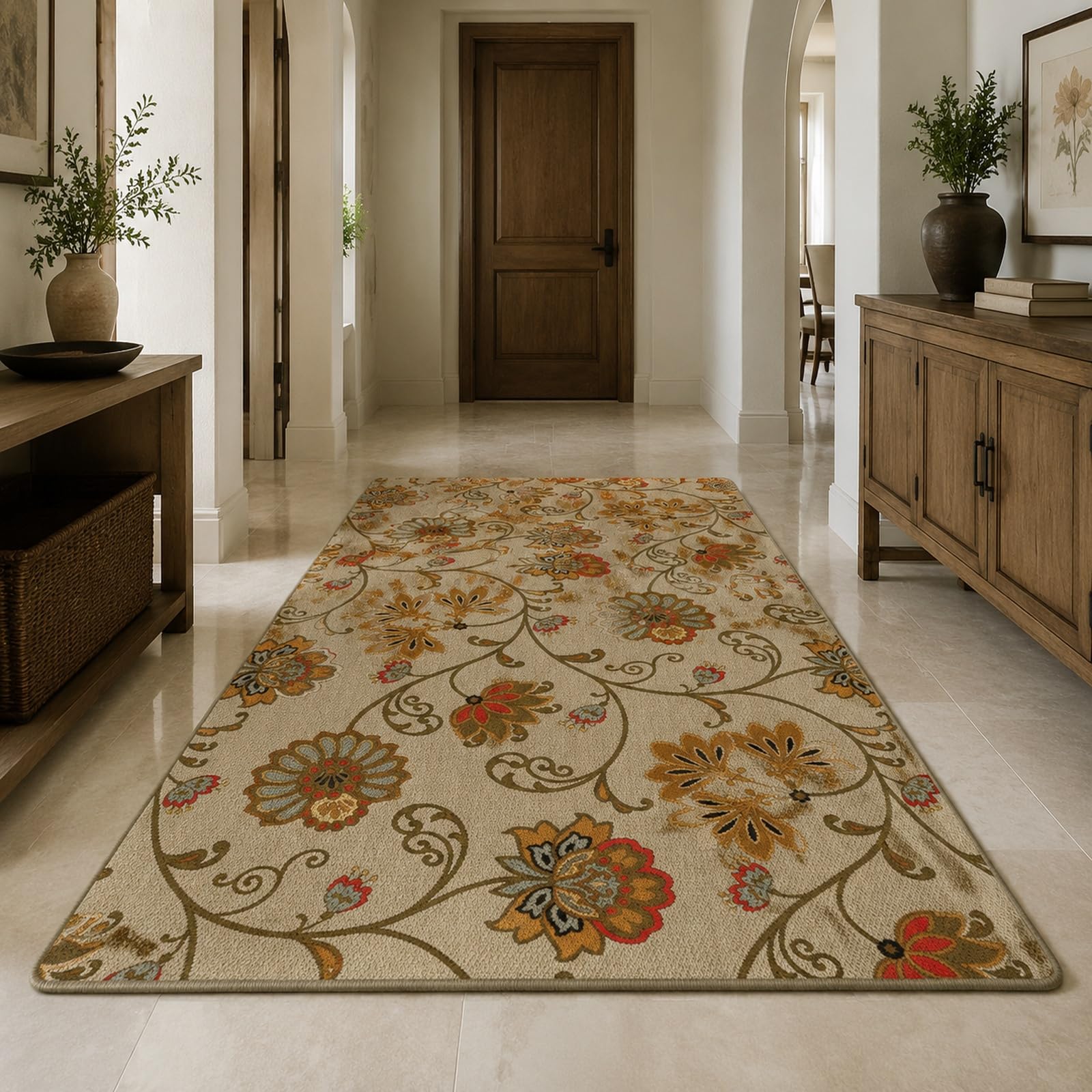 Tapis 160 x 230 cm floral oriental vintage beige, grand format pour salon et chambre