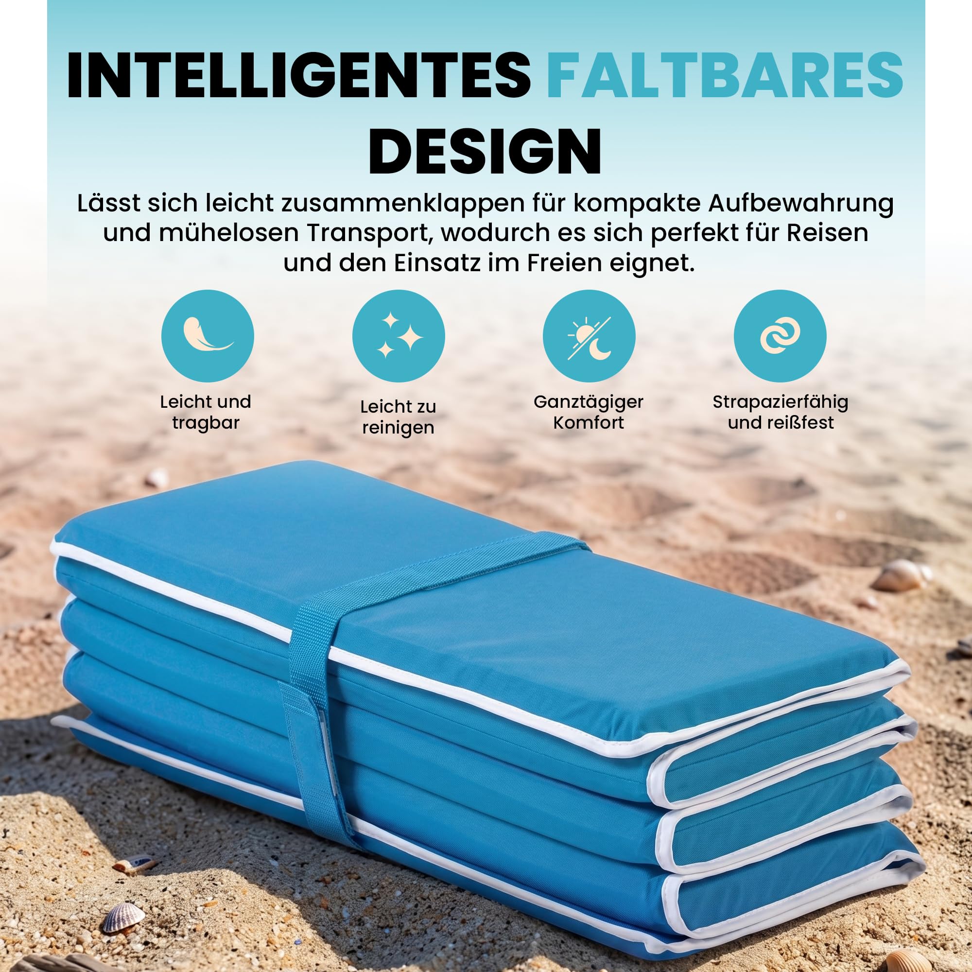 StarK Strandliege klappbar leicht – Faltbare Strandmatte mit Polsterung für Strand, Freibad und Garten 190 x 60 cm, kompakt & einfach zu transportieren, ideal für Kiesstrand & Camping