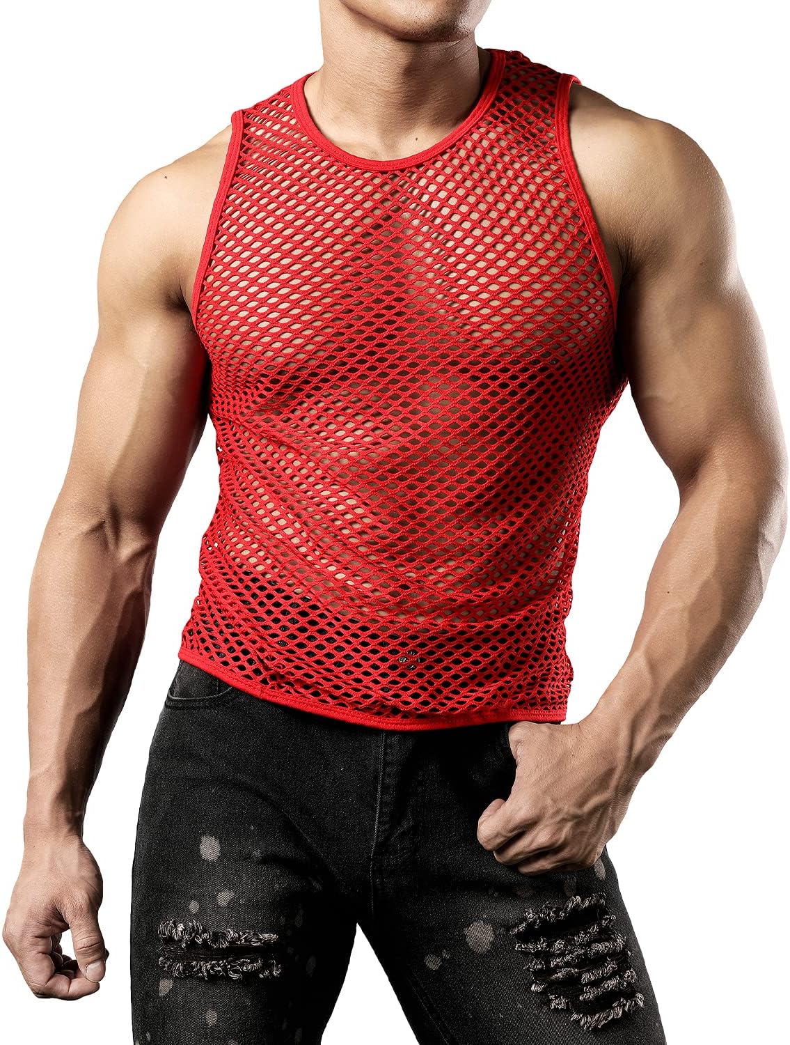 JOGAL Men's Mesh Fishnet Fitted Sleeveless Muscle Top