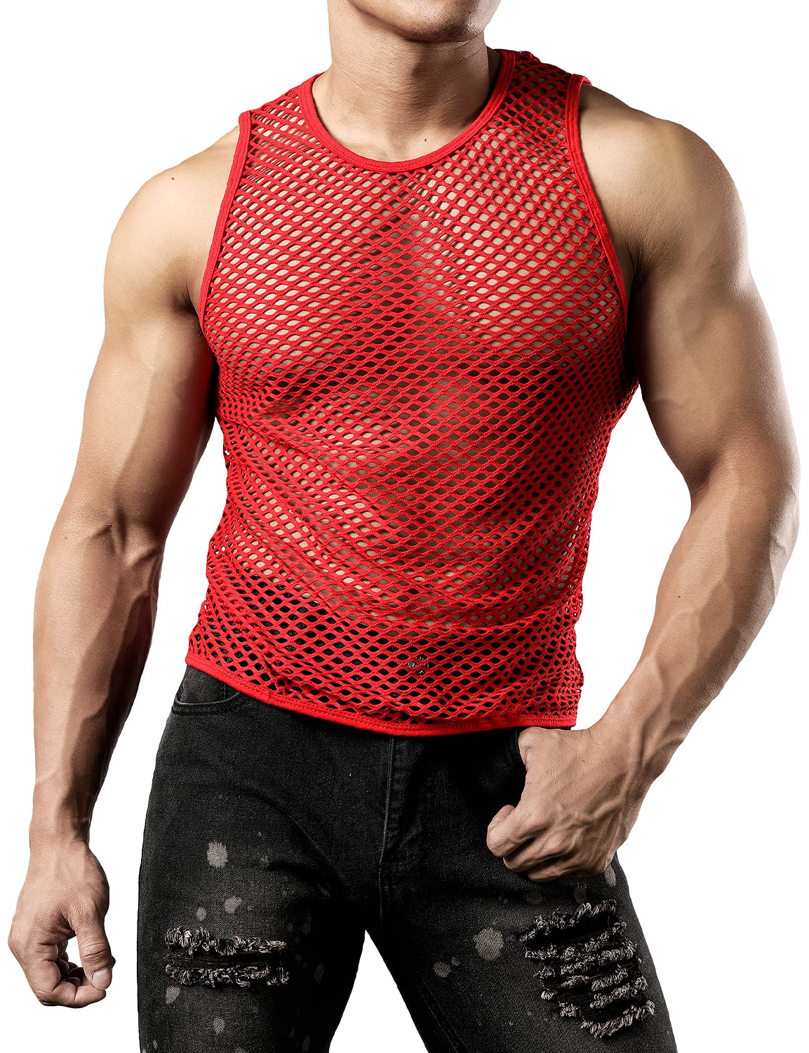 JOGAL Men's Mesh Tank Top See Through Fishnet Shirts