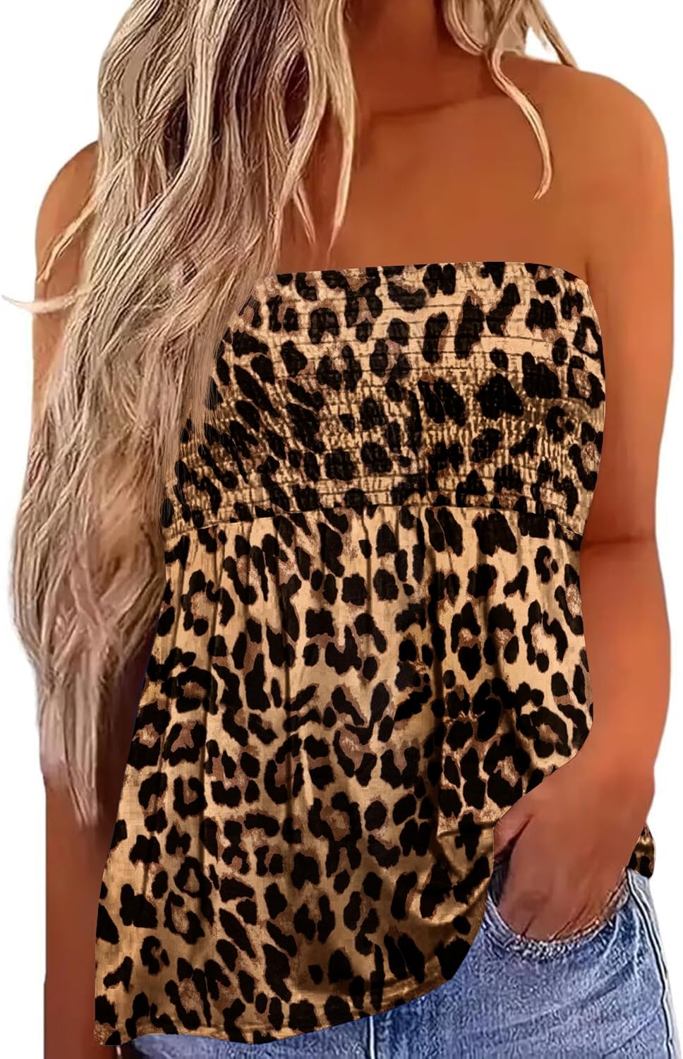 IWOLLENCE Womens Tube Tops Flowy Pleated Strapless Top Yellow Leopard S