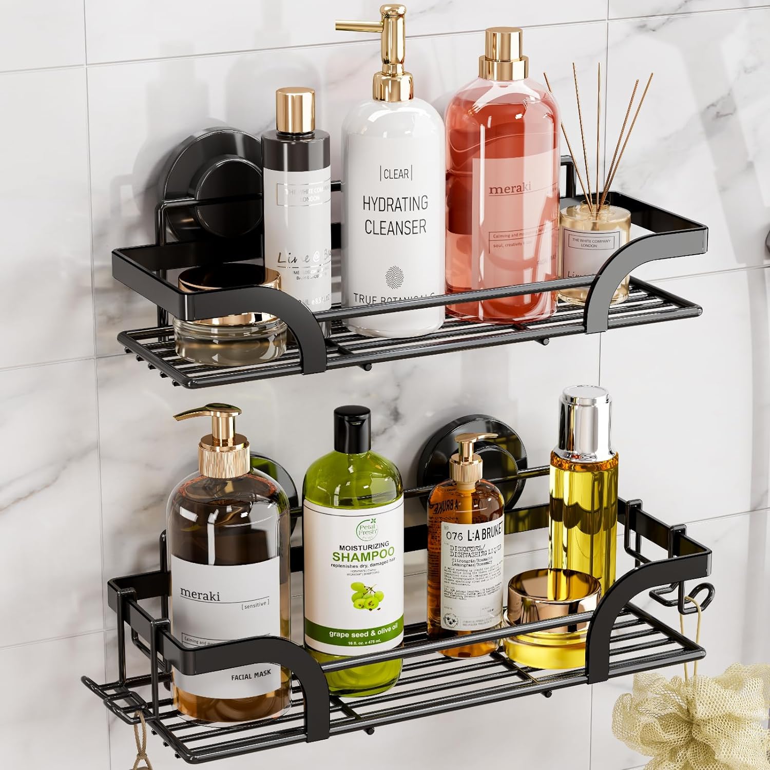 LEVERLOC Shower Caddy Suction Cup, 2 Pack Shower Shelves for Inside, Black Rustproof Metal Bathroom Storage NO-Drilling Bathroom Organizer with Large Capacity, Heavy Duty Storage Basket Metal Black-2 Baskets