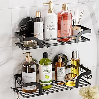 LEVERLOC Shower Caddy Suction Cup, 2 Pack Shower Shelves for Inside, Black Rustproof Metal Bathroom Storage NO-Drilling Bathroom Organizer with Large Capacity, Heavy Duty Storage Basket