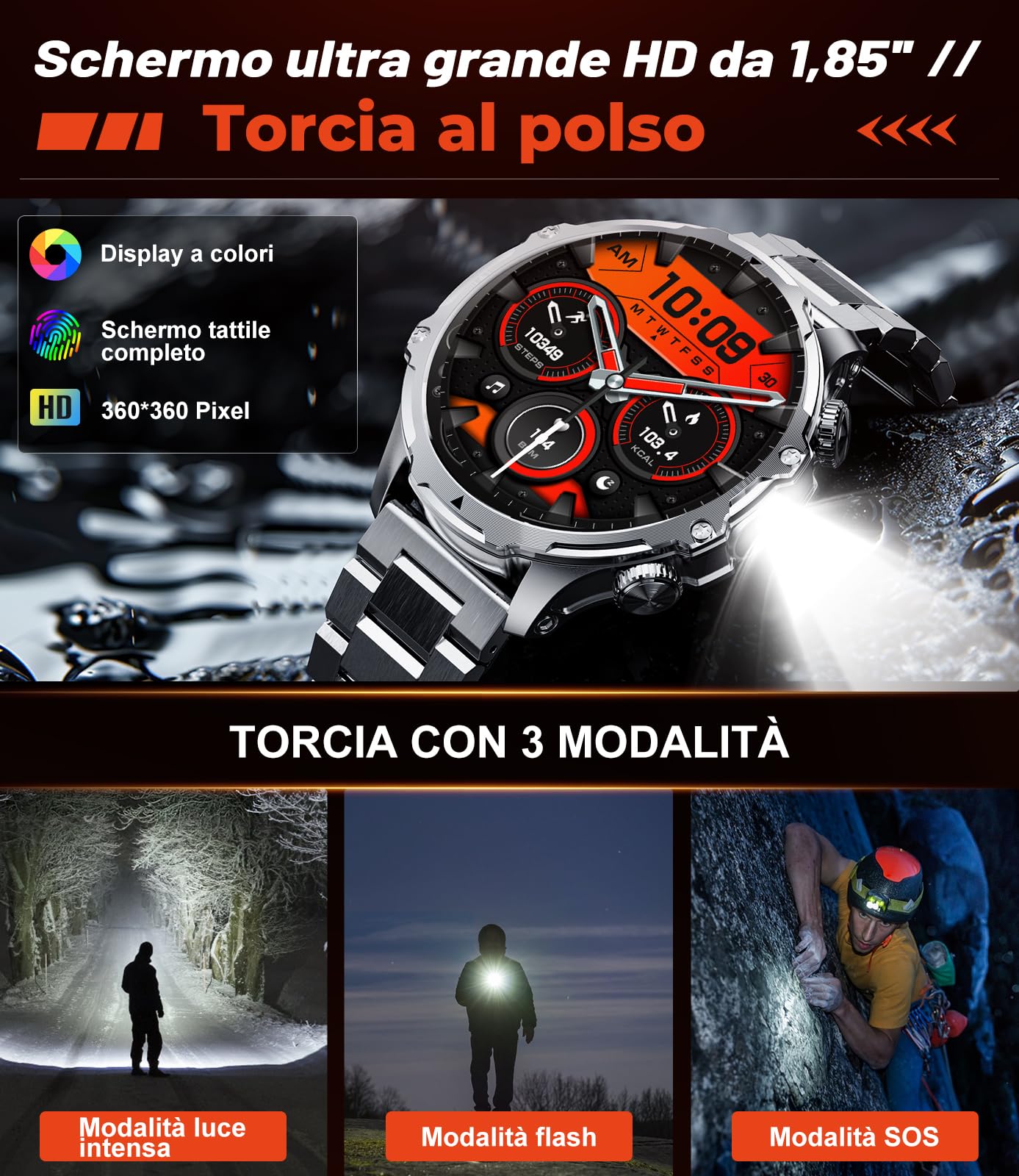 LIGE Smartwatch Uomo con Torcia LED/800mAh, 1.85'' HD Orologio Smartwatch con Chiamata Bluetooth, IP68 Impermeabile 110+ modalità Sportive Cardiofrequenzimetro SpO2 e Sonno per Android iOS