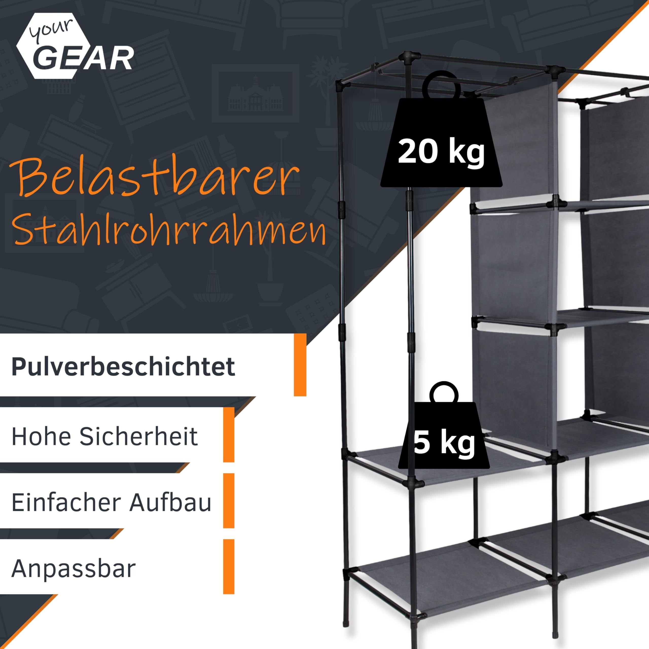 your GEAR Kleiderschrank Grado 130x45x175 cm – Stoffschrank mit 2 Kleiderstangen & 9 Ablagen – Textilschrank XXL Organizer für Schlafzimmer & Kinderzimmer – Faltschrank Garderobe