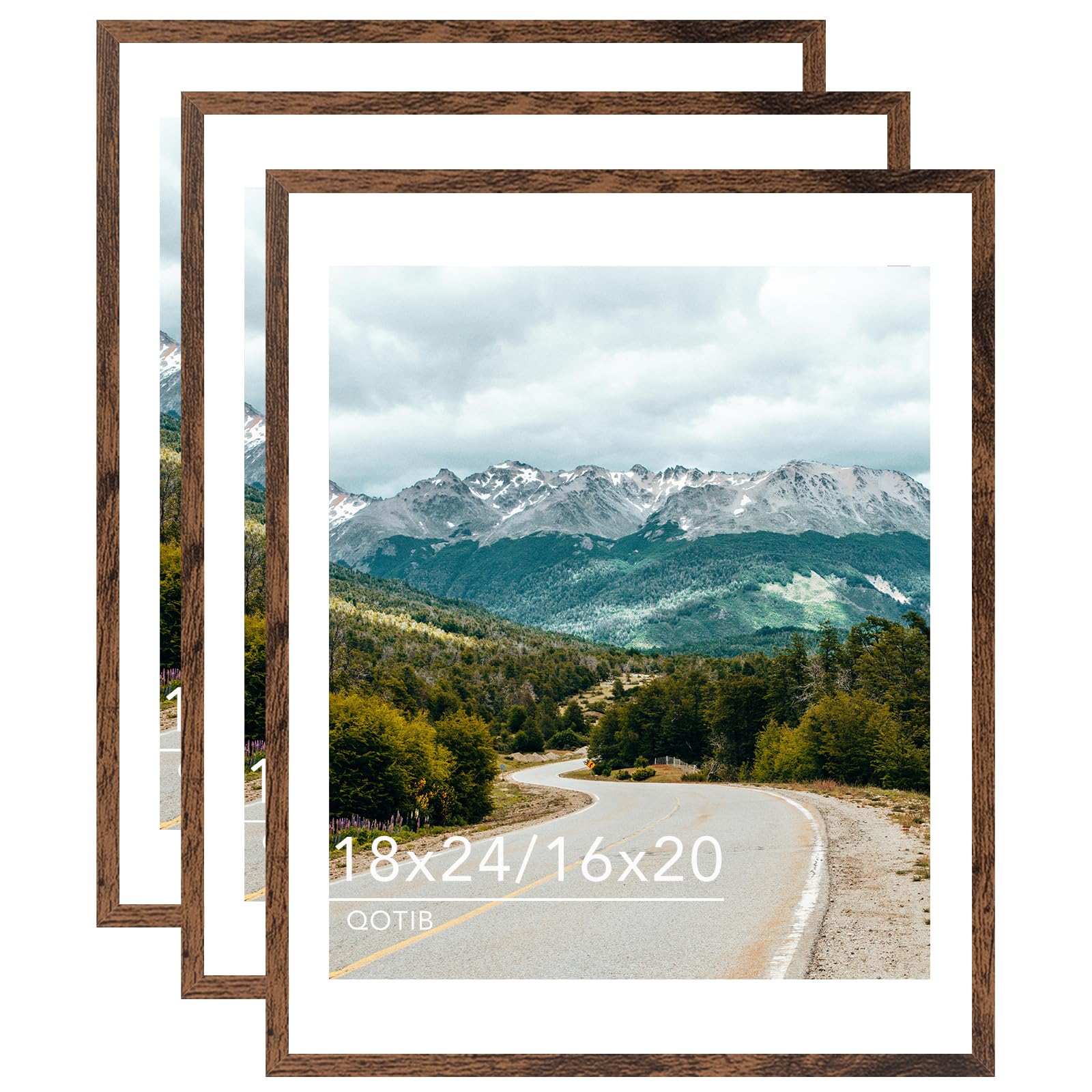 QOTIB Wood 18x24 Picture Frame with 16x20 Mat, Display 16x20 with Mat or 18x24 Without Mat, Wood 18 by 24 Photo Frame, 18 x 24 Frame for Wall Hanging Display, Deep Brown, 3 Pack — image 1