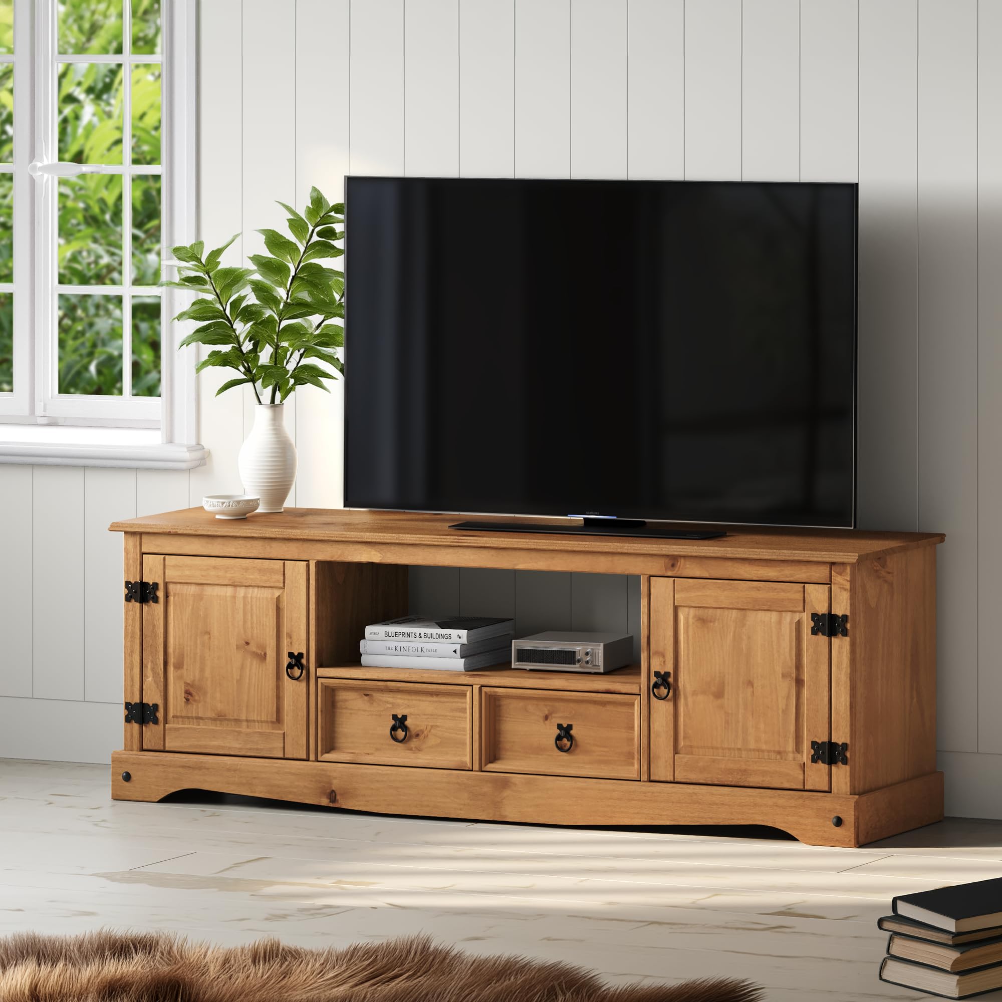 Corona Solid Wood Pine TV Unit Large 2 Drawer 2 Door Widescreen Wooden Media Television Entertainment Stand Living Room Lounge Bedroom Mexcian Style 52cm High 157cm Wide 35cm Deep