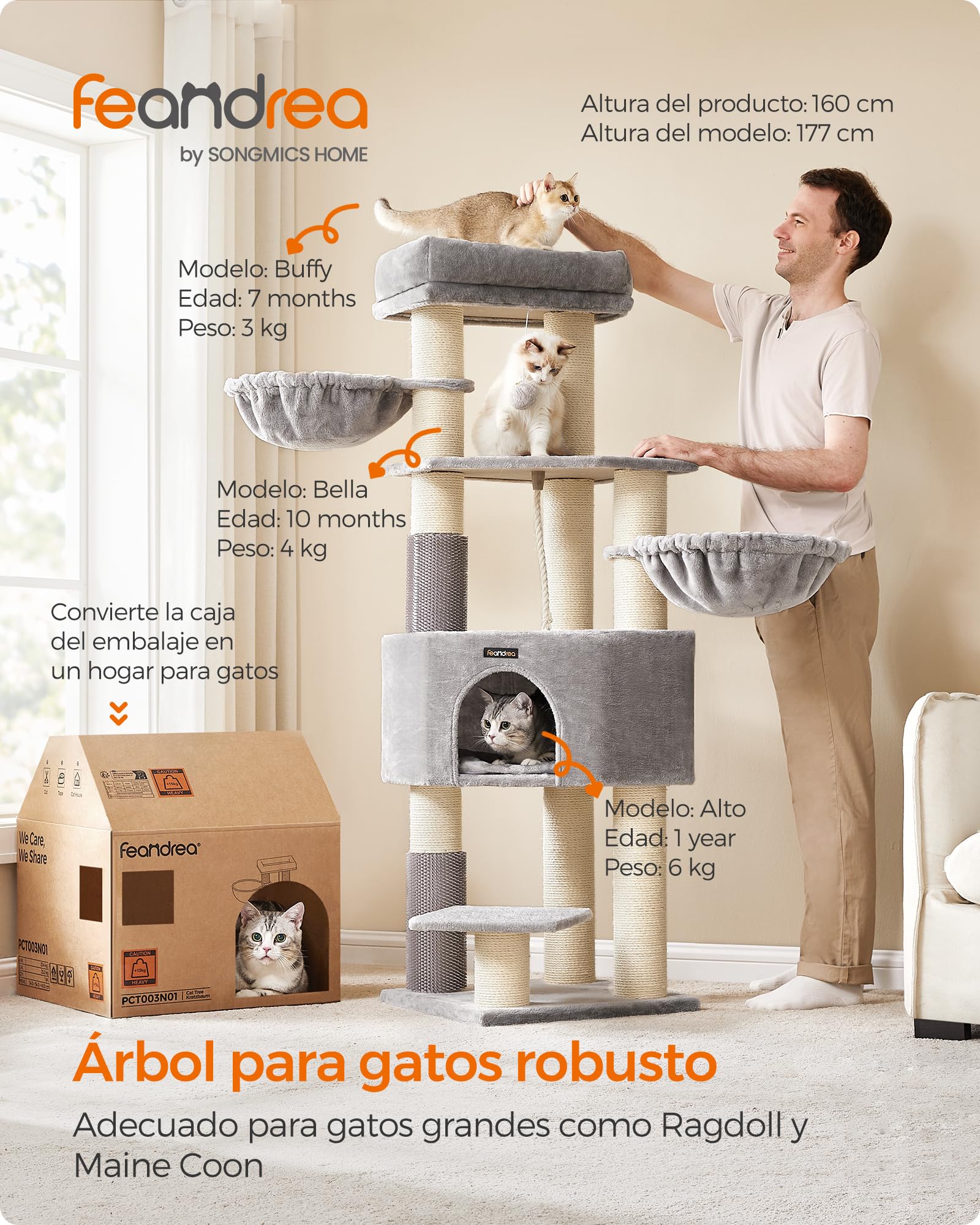 Feandrea Árbol para Gatos Grande y Estable, Torre para Gatos Grandes, con Almohadillas Autocalentables, Solapas, Cueva, Cuerda de Sisal, 50 x 50 x 160 cm, Gris Paloma y Blanco Crema PCT003N01