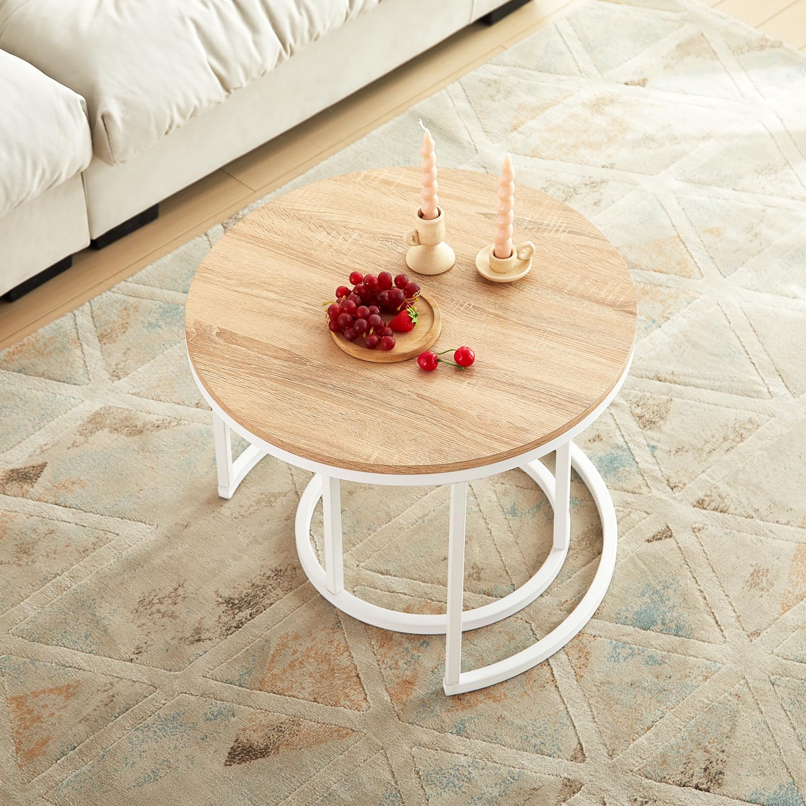 buybyroom 2er-Set verschachtelbare Couchtische im skandinavischen Stil - Runde Wohnzimmertische - 60 x 45 cm und 40 x 35 cm - Eichen-Optik
