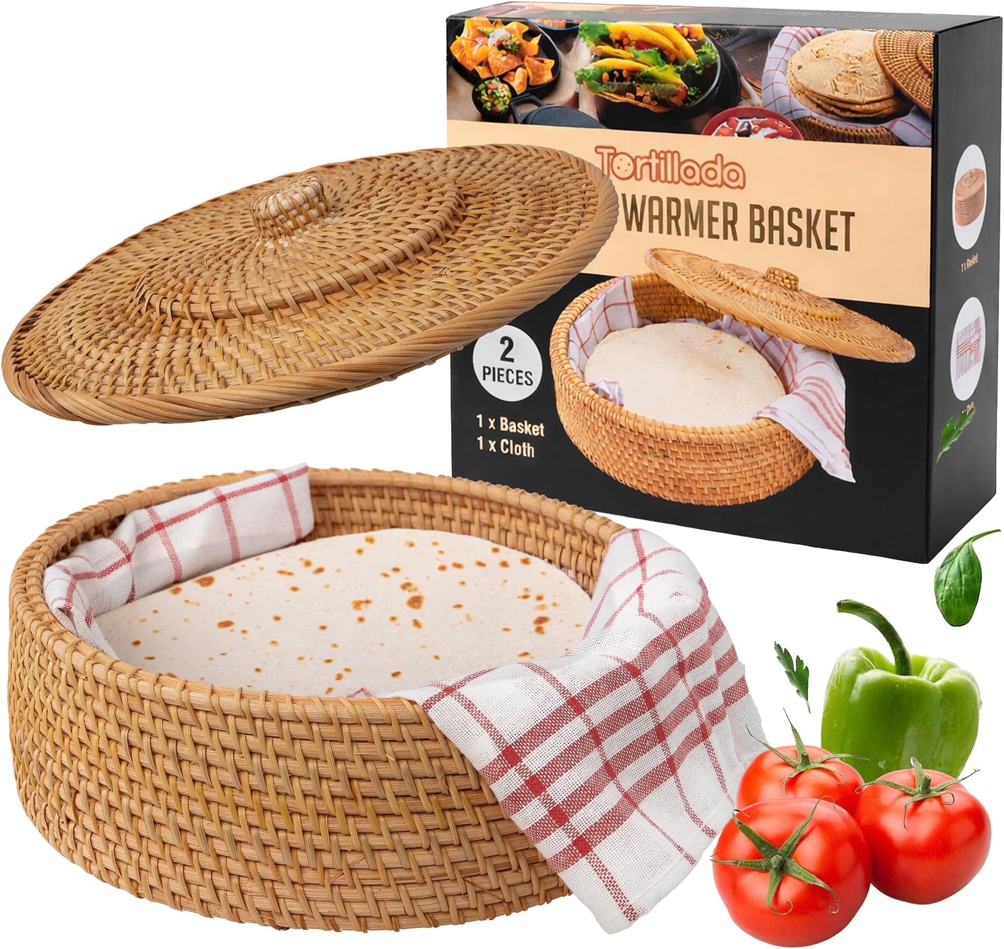 Tortillada - 10 Inches Tortilla Warmer / handcrafted basket made of rattan incl. 100% cotton towel