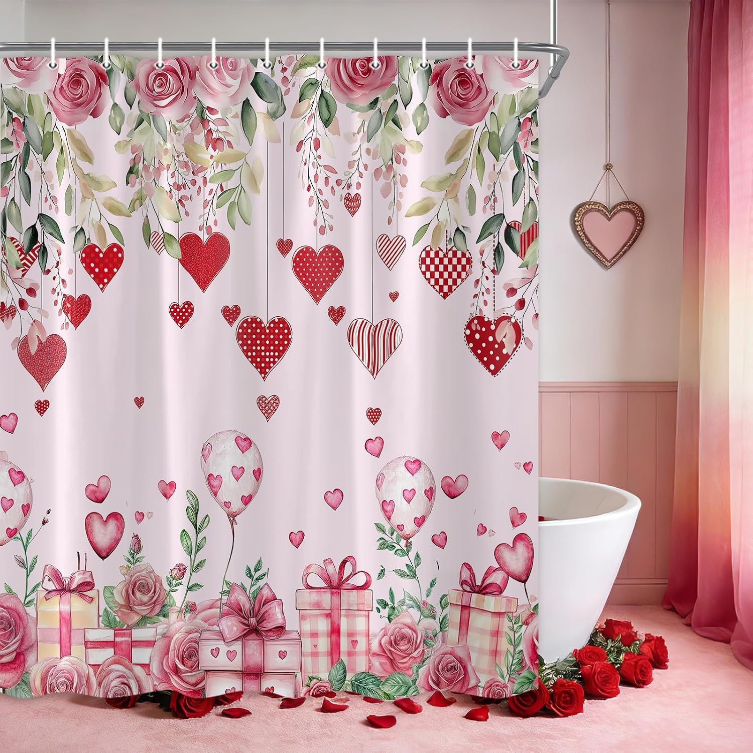 Valentine's Day Shower Curtain, Pink Eucalyptus Leaves Love Heart Rose Bathroom Decor Curtains, Cute Valentines Shower Curtain Set with Hooks, 70X70IN