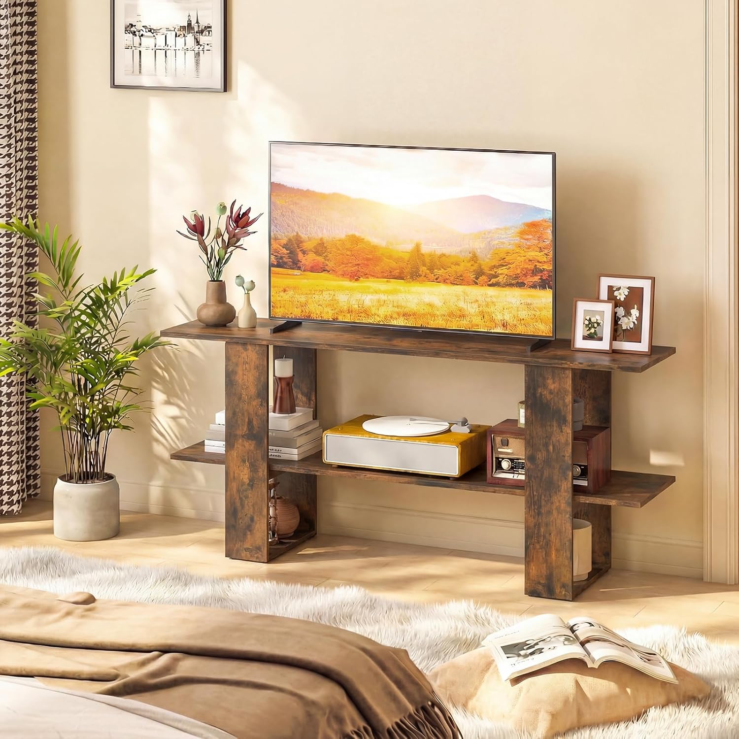 Giantex Modern TV Stand for 55 Inch TV, Entertainment Center with Open Storage Shelf, Wood Media Console Table for Living Room Bedroom Entryway, Rustic Brown