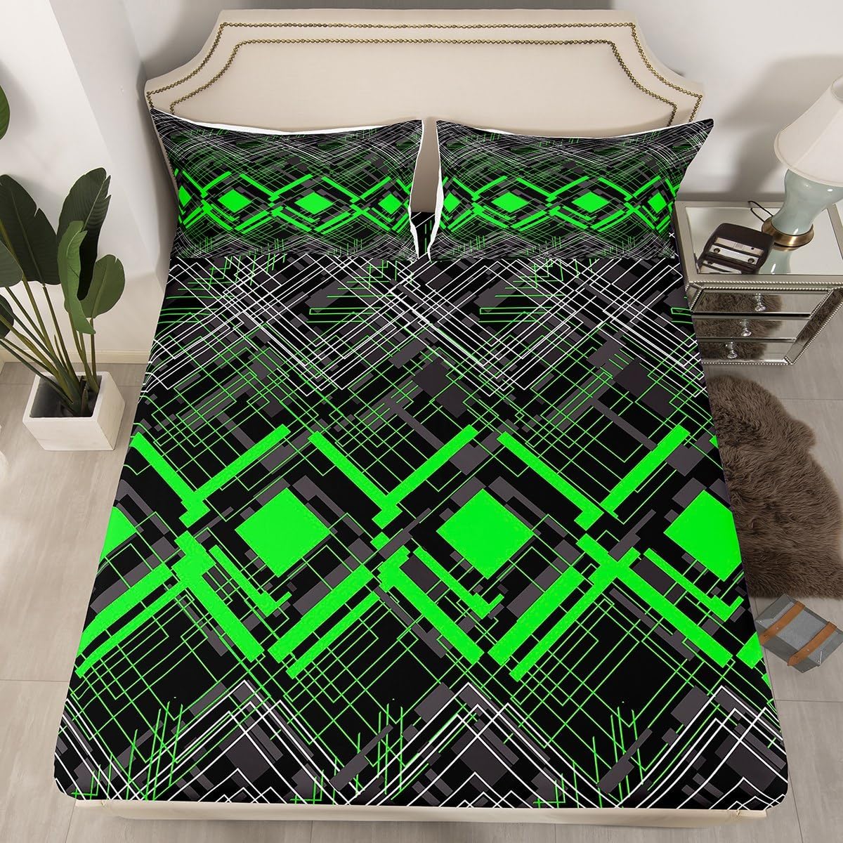 jejeloiu Geometric Fitted Sheet Full Size Kids Bedding Set for Boys Girls Teens Black Green Bed Sheets Set Breathable Soft Lightweight