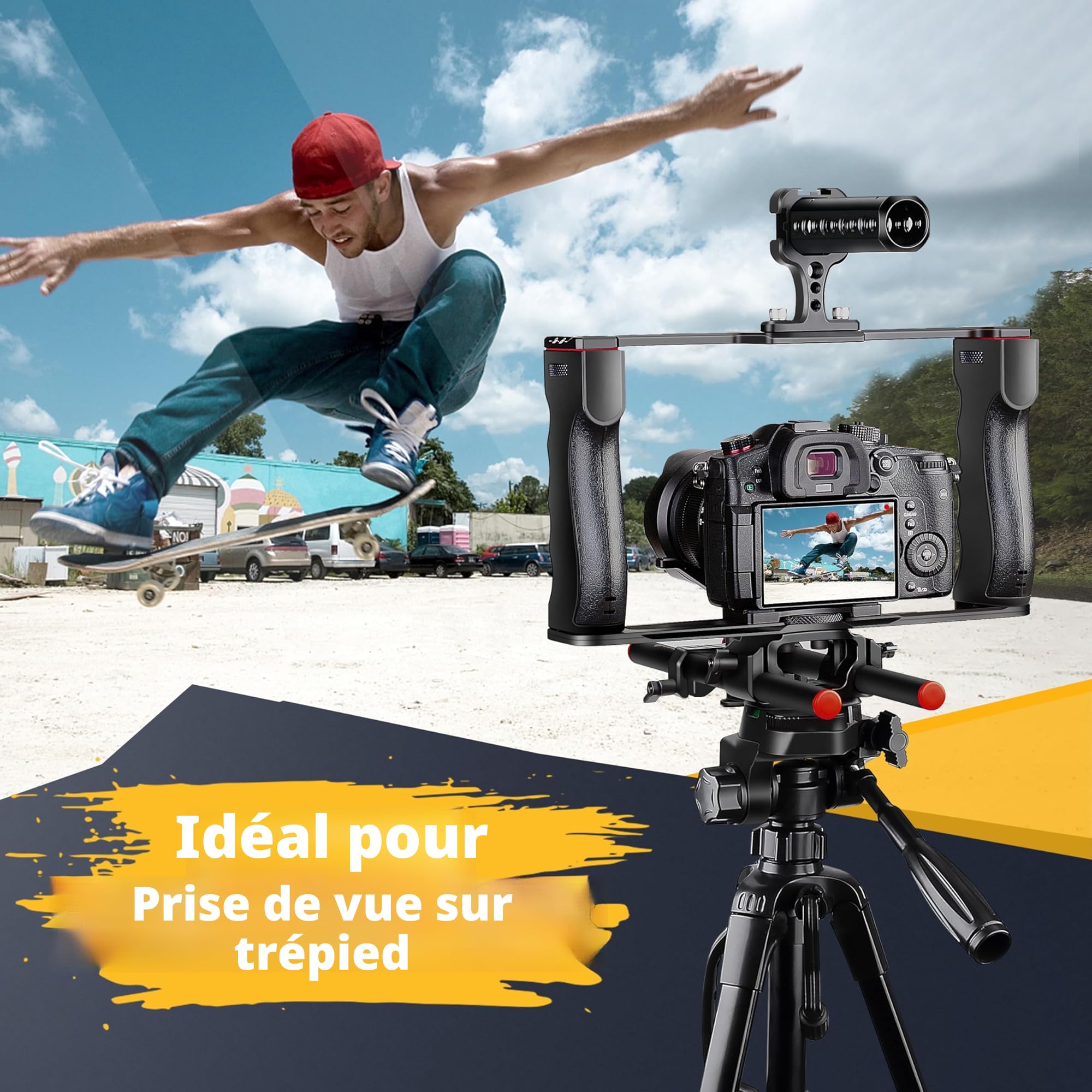 Zeadio Cage de rig vidéo pour Appareil Photo, kit de réalisation de Films avec poignée supérieure et Base de Type Arca & Guide de Tige, Compatible avec Tous Les caméscopes Reflex numériques