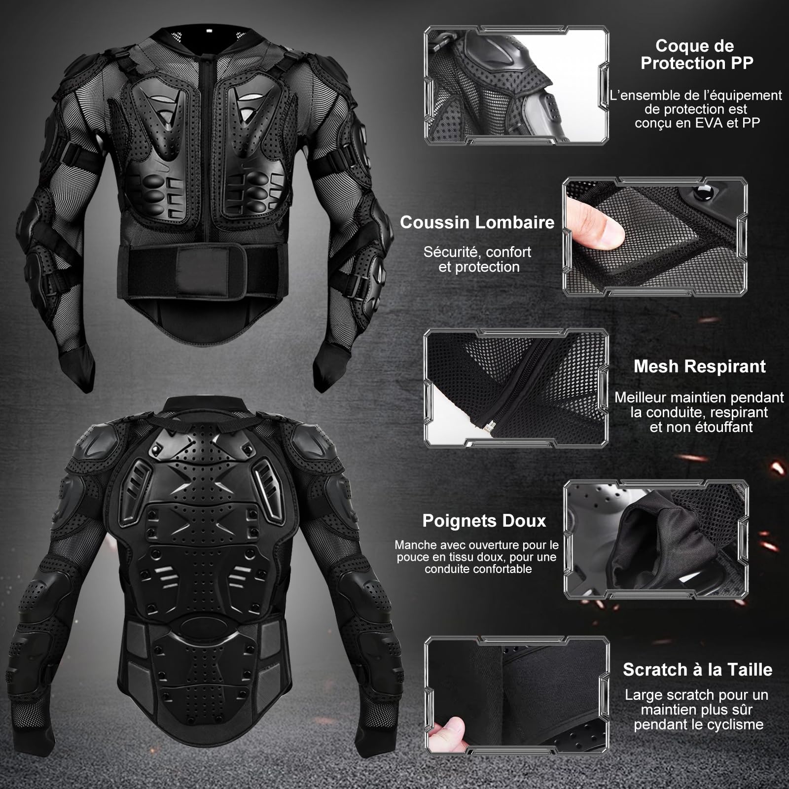 Veste de Protection Moto Pro, Gilet de Protection Moto avec Protection Dorsale Moto, Blouson Moto Respirant pour Homme et Femme, Scooter VTT Enduro