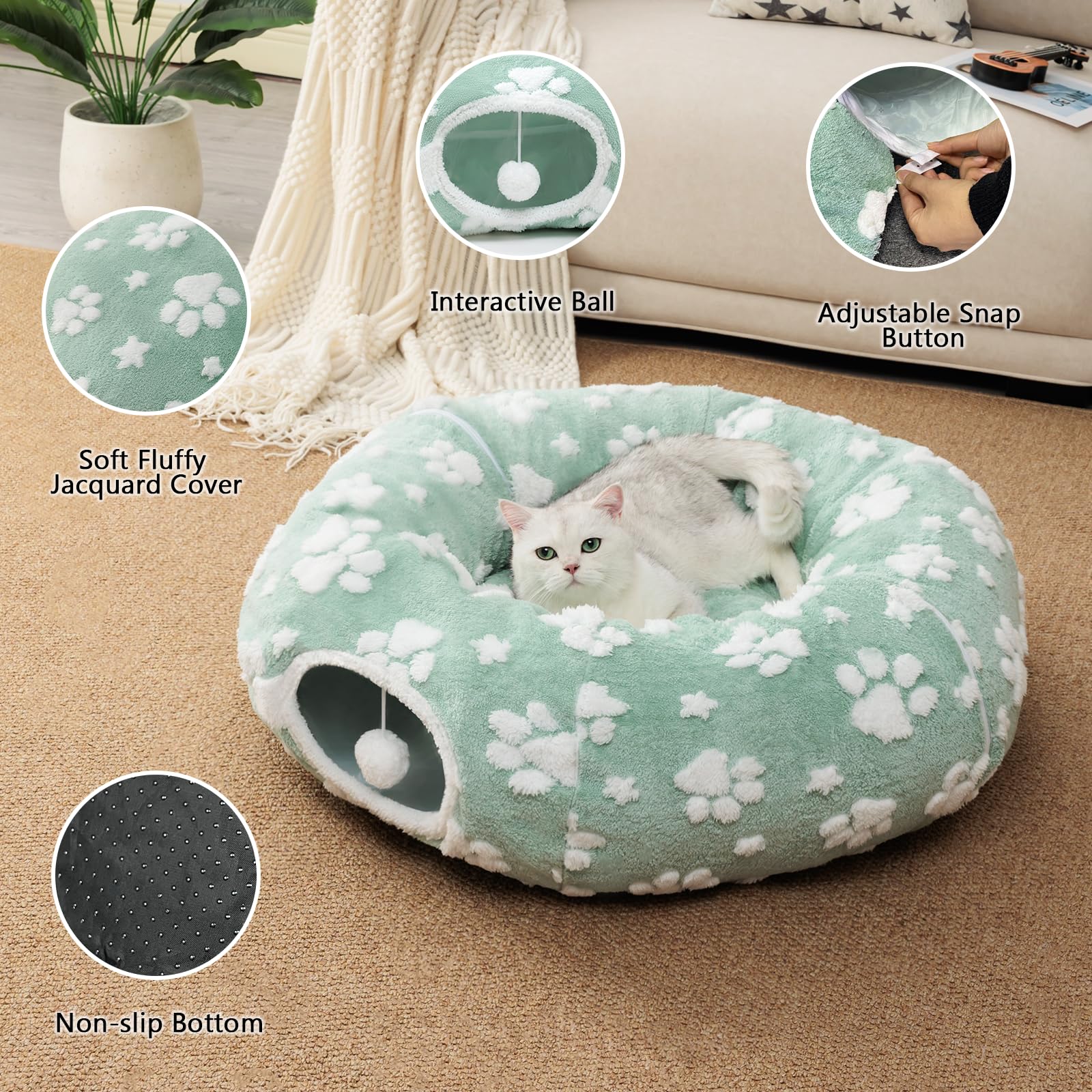 Tunnel per gatti da interni, graziosa grotta a forma di peekaboo con palline pendenti, cuccia a ciambella con tappetino circolare per cuccioli, gattini e conigli, verde
