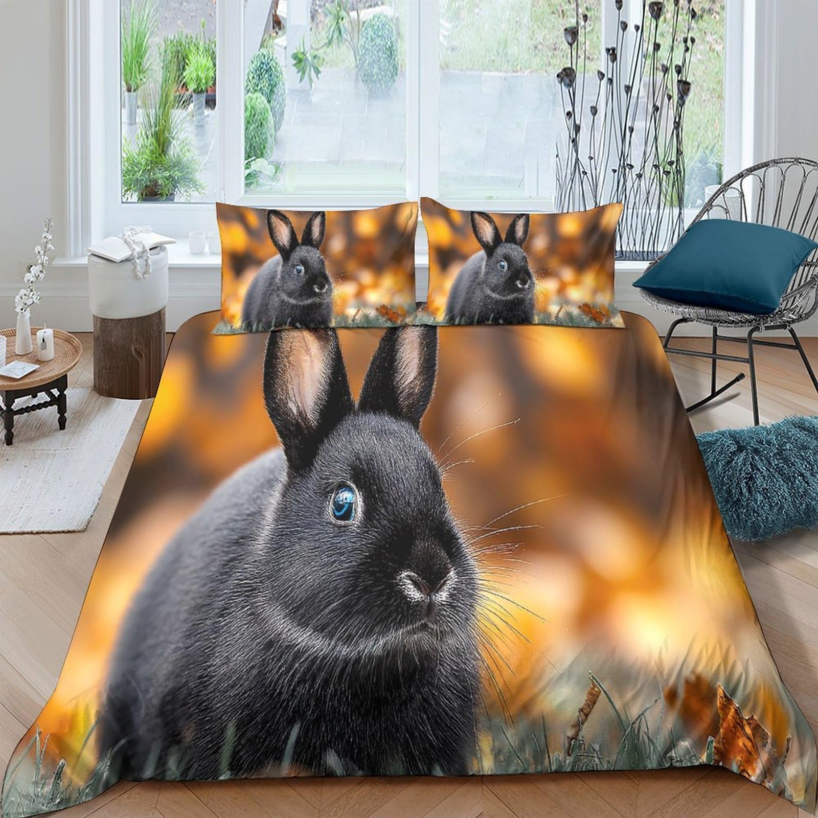 Ctjqhvkz Style-2 3D Printed Black Bunny Fitted Sheet Microfiber Soft Autumn Forest Mattress Cover For Bedroom Dorm Room Decor Single（135X200cm）