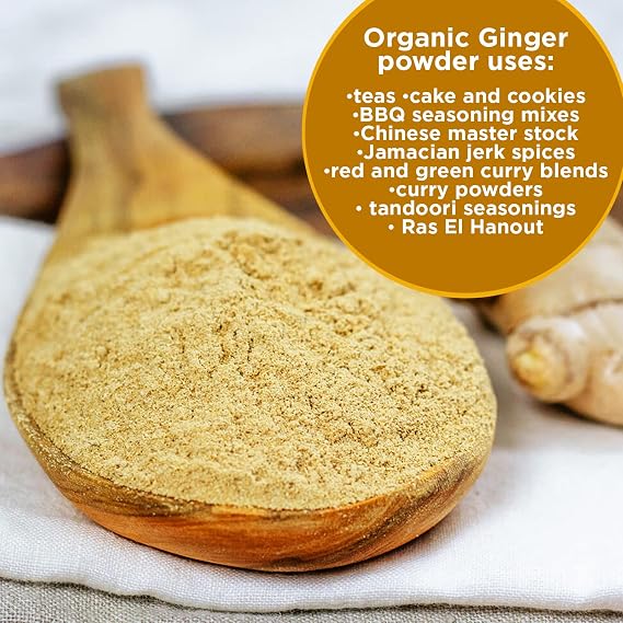 HQOExpress Organic Ground Ginger Non GMO, Kosher, USDA Certified Organic Ginger Powder Hot and Spicy Aromatic Seasoning for Baking, Rubs, Marinades and Smoothies, 14 oz. Chef Jar